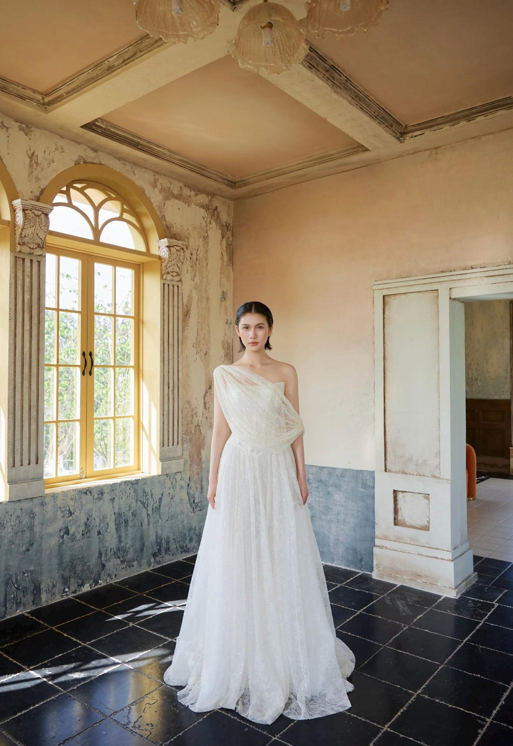 Asymmetrical Draped Sparkle Tulle A-Line Wedding Gown