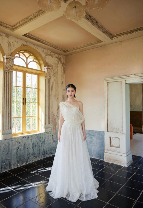 Asymmetrical Draped Sparkle Tulle A-Line Wedding Gown