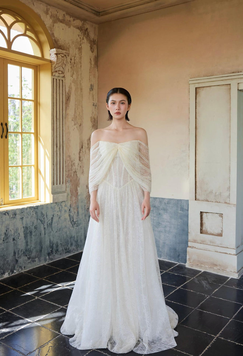 Asymmetrical Draped Sparkle Tulle A-Line Wedding Gown