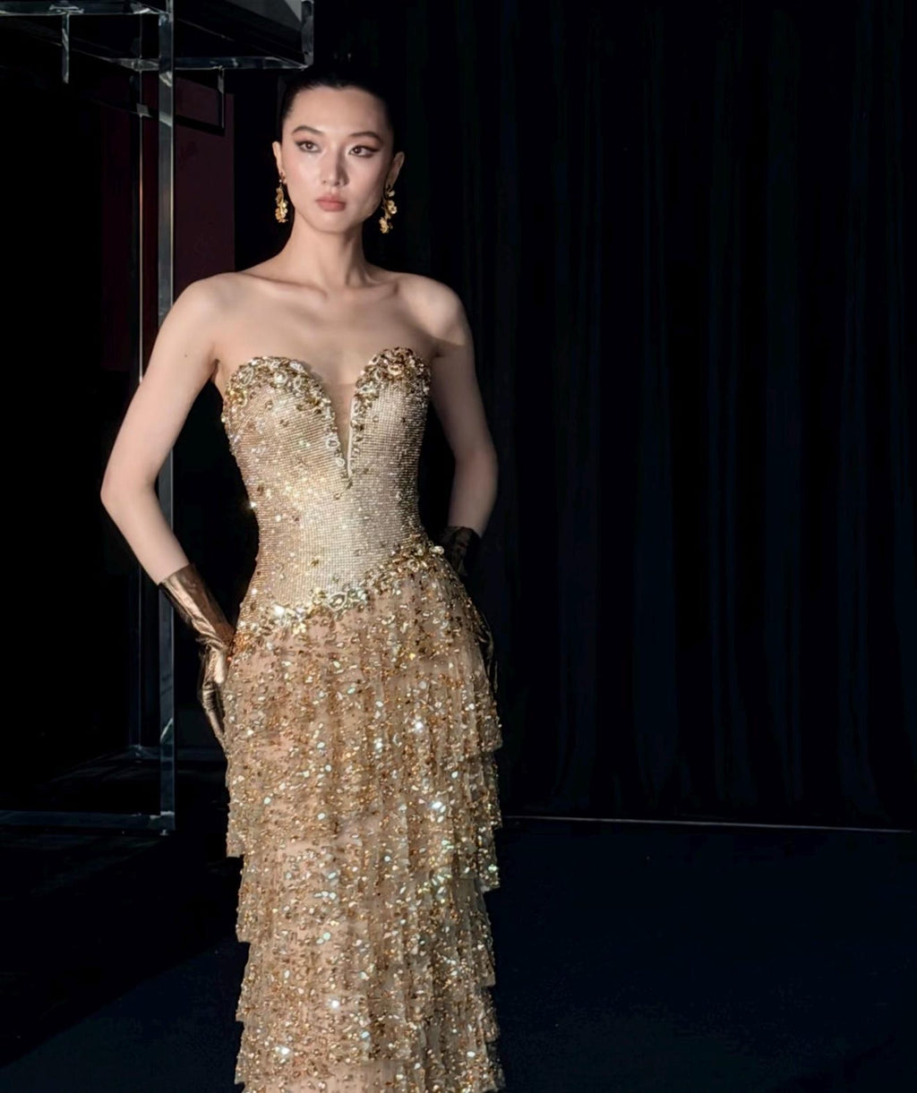 Strapless Deep V Gold Rhinestone Tiered Tulle Evening Gown, Sheer Nude Mesh Crystal Mermaid Formal Dress for Gala Wedding Reception