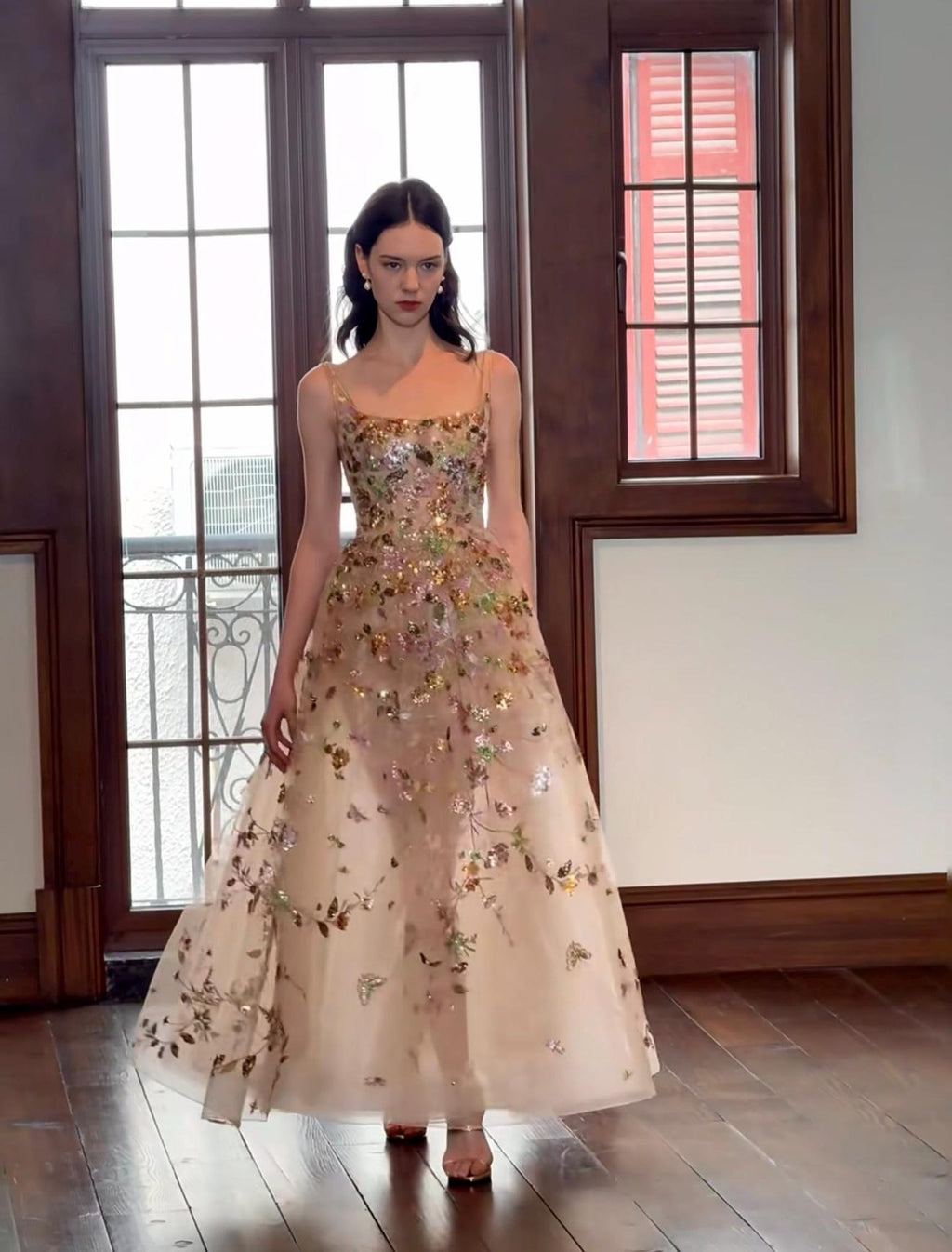 Monet Garden Floral Beaded Tulle Maxi Dress Nude Champagne Sparkly Embroidery Prom Dress Bespoke Bridal Reception Gown