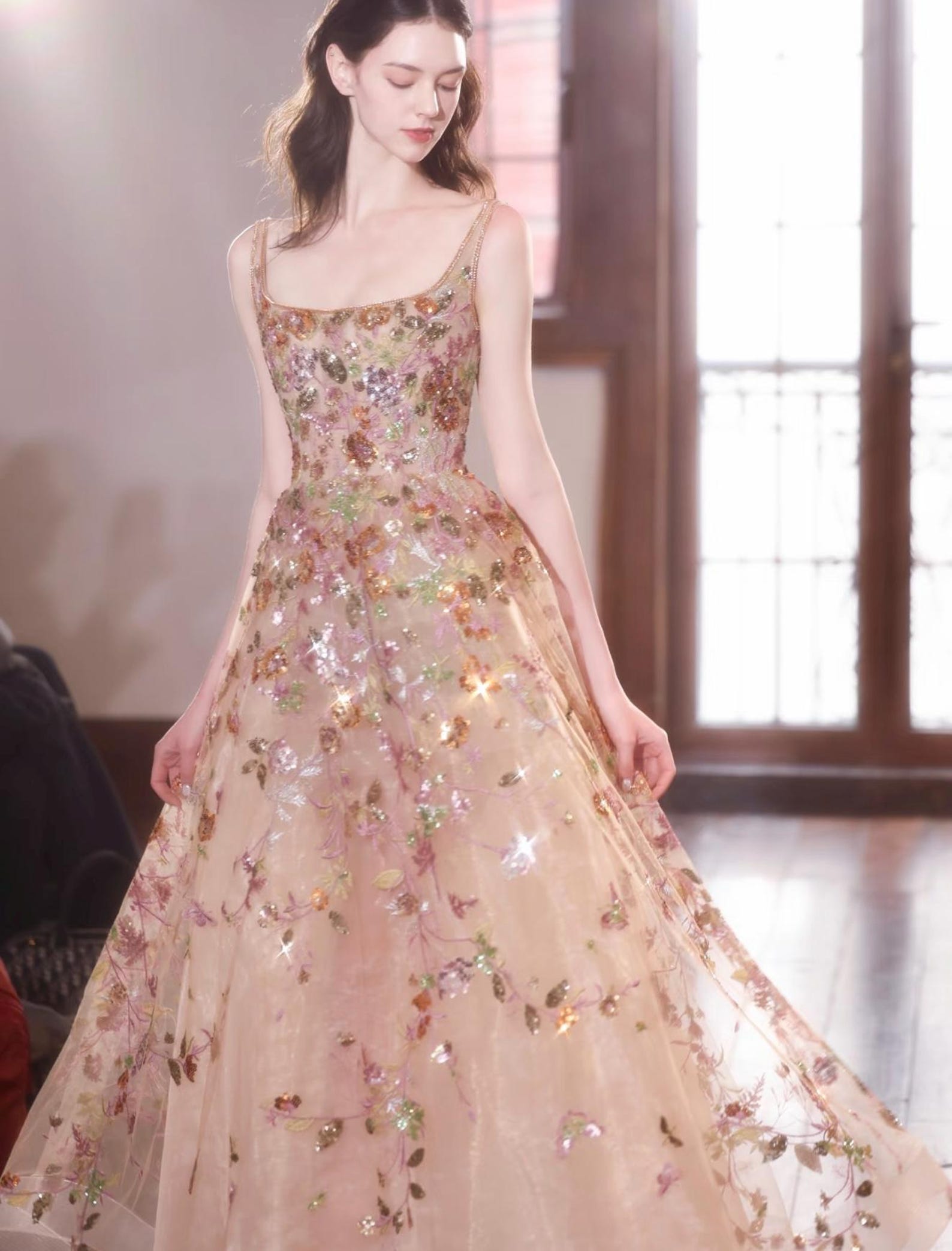 Monet Garden Floral Beaded Tulle Maxi Dress Nude Champagne Sparkly Embroidery Prom Dress Bespoke Bridal Reception Gown