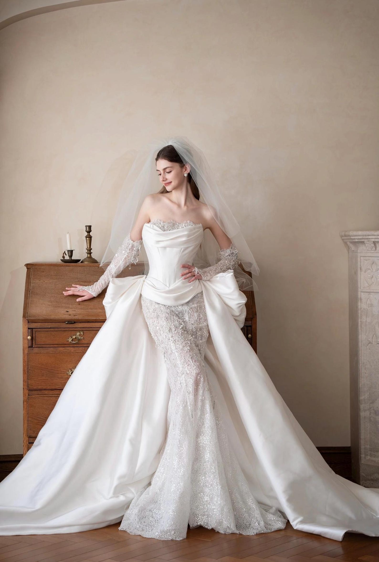 Custom Luxury Corset Mermaid Wedding Dress, Strapless Satin Bridal Gown With Detachable Big Train, Rhinestone Lace & Long Sheer Gloves