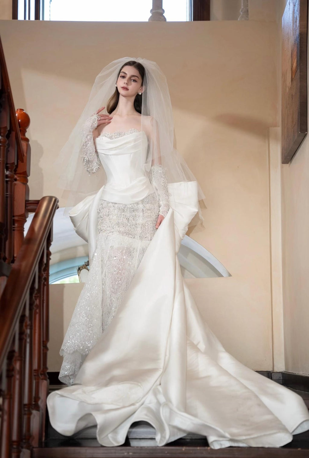 Custom Luxury Corset Mermaid Wedding Dress, Strapless Satin Bridal Gown With Detachable Big Train, Rhinestone Lace & Long Sheer Gloves