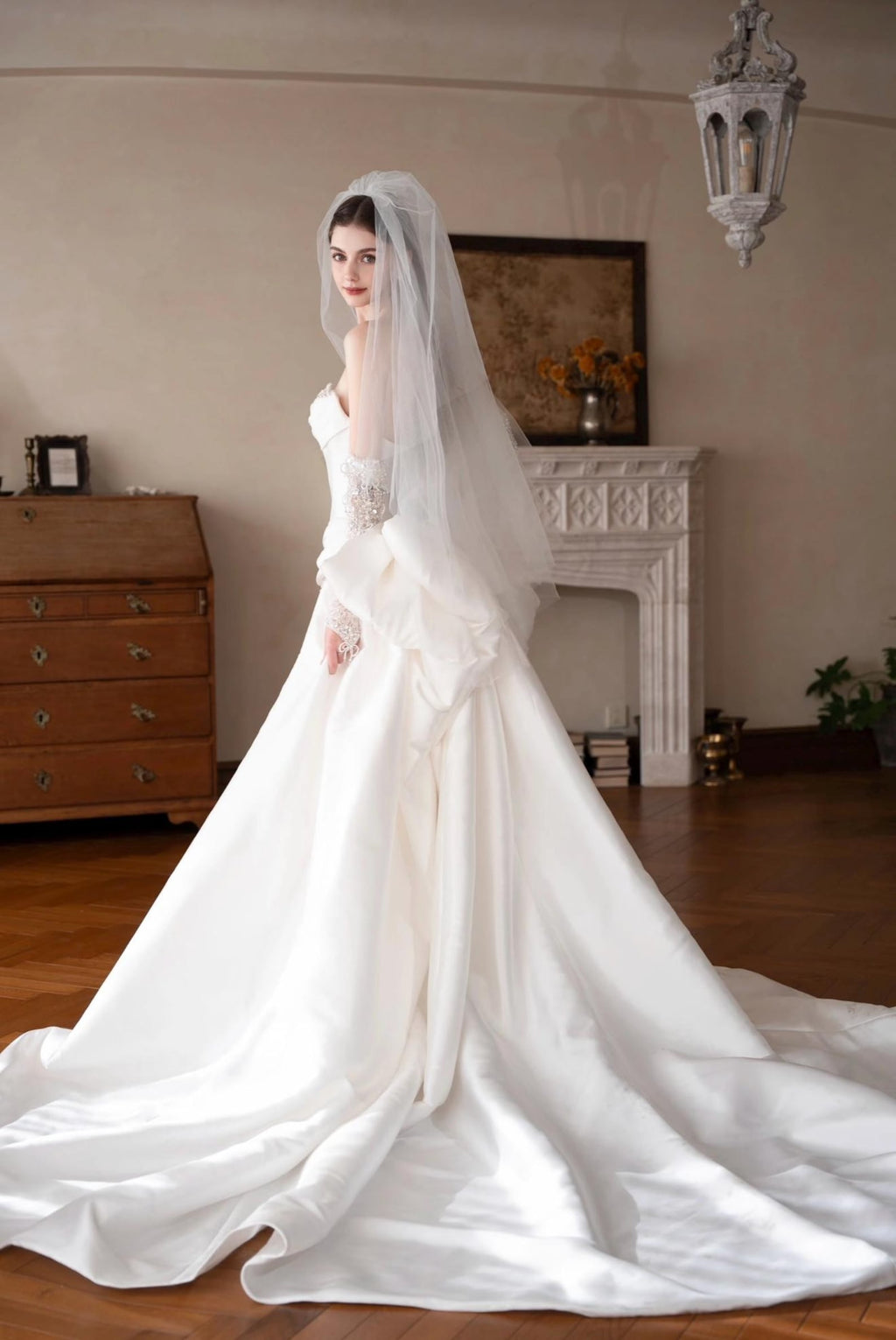 Custom Luxury Corset Mermaid Wedding Dress, Strapless Satin Bridal Gown With Detachable Big Train, Rhinestone Lace & Long Sheer Gloves