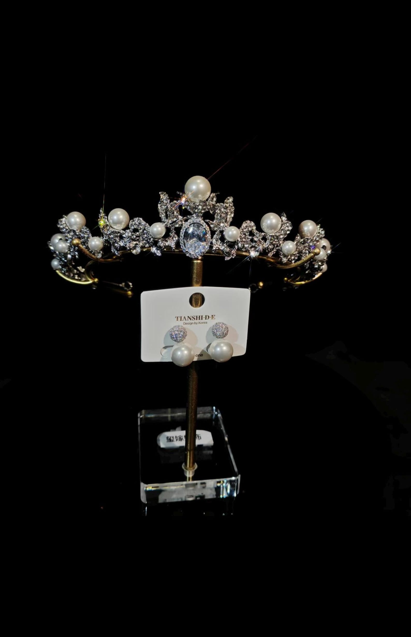 Pearl Crystal Bridal Tiara with Matching Earrings, Silver Wedding Crown, Vintage Bride Headpiece for Wedding Prom Pageant