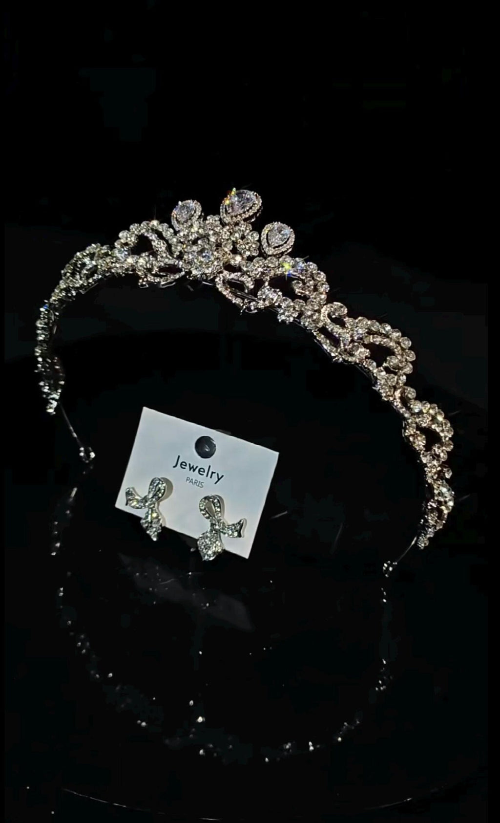 Luxury Rhinestone Wedding Tiara with Matching Bow Earrings, Bridal Crown Jewelry Set