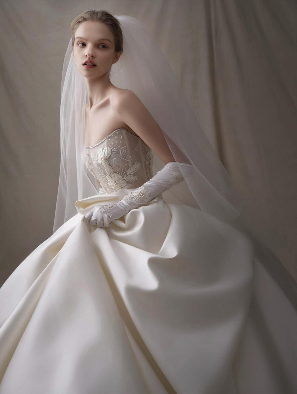 Strapless 3D Floral Satin Ball Gown Wedding Dress, Sheer Lace Bodice Bridal Gown, Luxury Big Bow Wedding Dress With Long Veil & Gloves