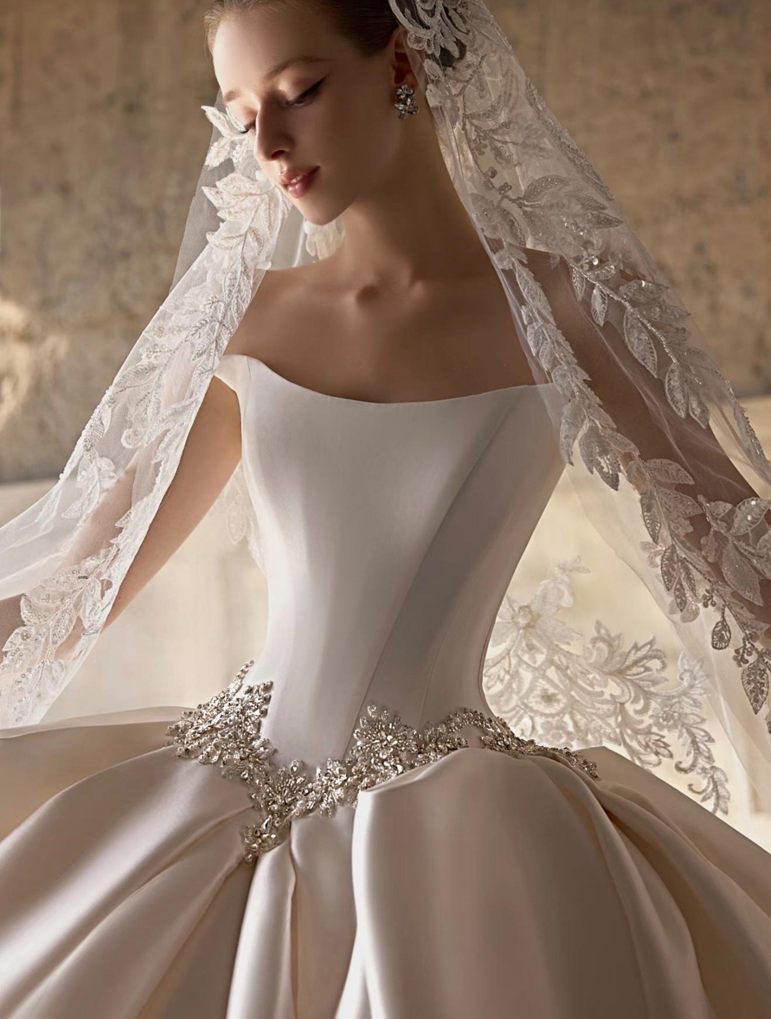 Square Neck Satin Ball Gown Wedding Dress, Crystal Waist Bridal Gown With Lace Veil