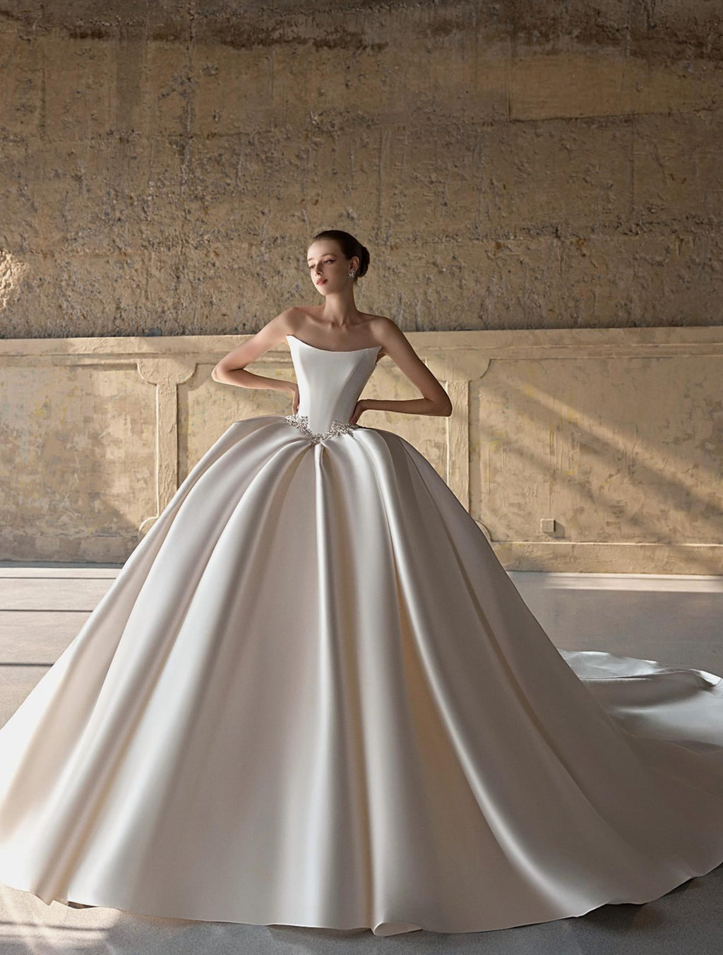 Square Neck Satin Ball Gown Wedding Dress, Crystal Waist Bridal Gown With Lace Veil