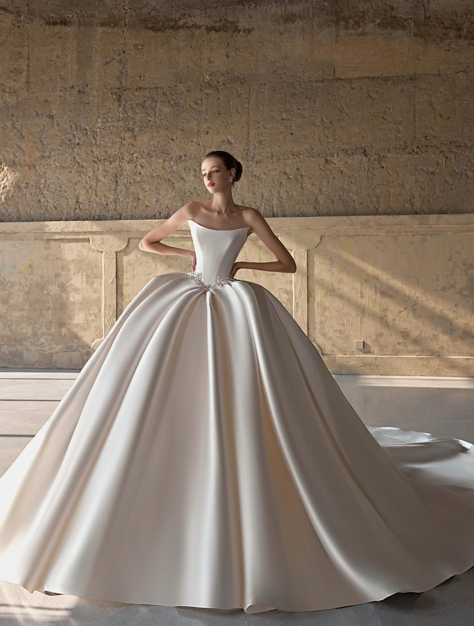 Square Neck Satin Ball Gown Wedding Dress, Crystal Waist Bridal Gown With Lace Veil