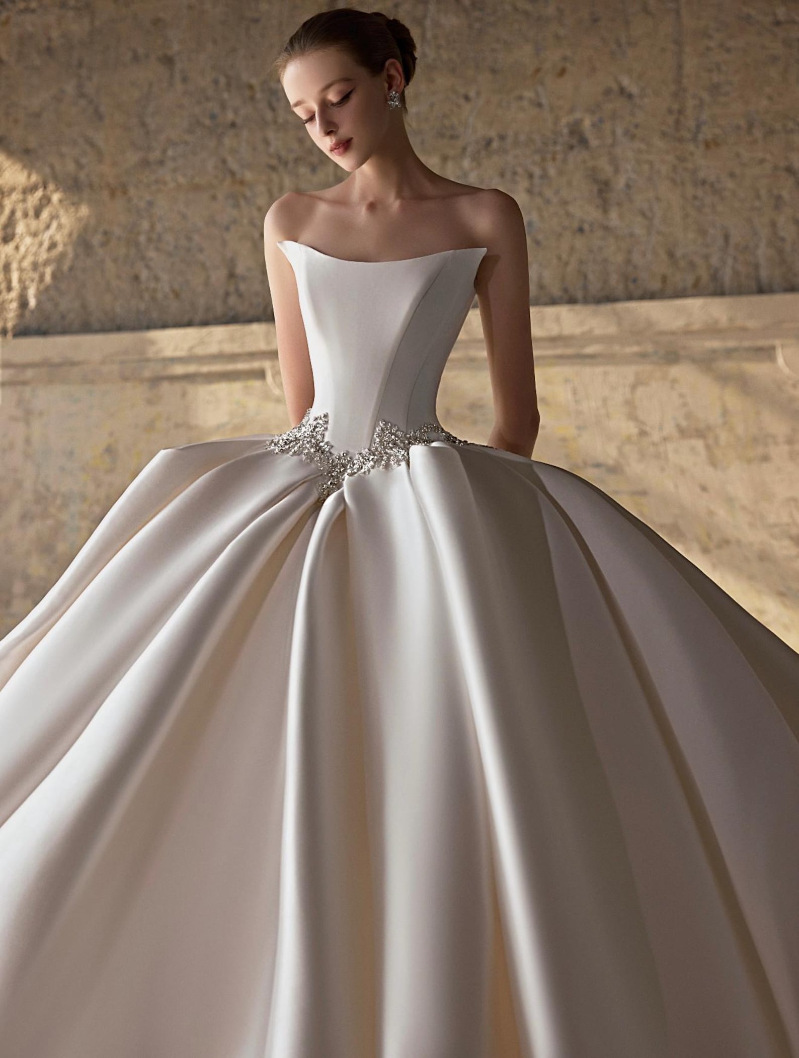 Square Neck Satin Ball Gown Wedding Dress, Crystal Waist Bridal Gown With Lace Veil