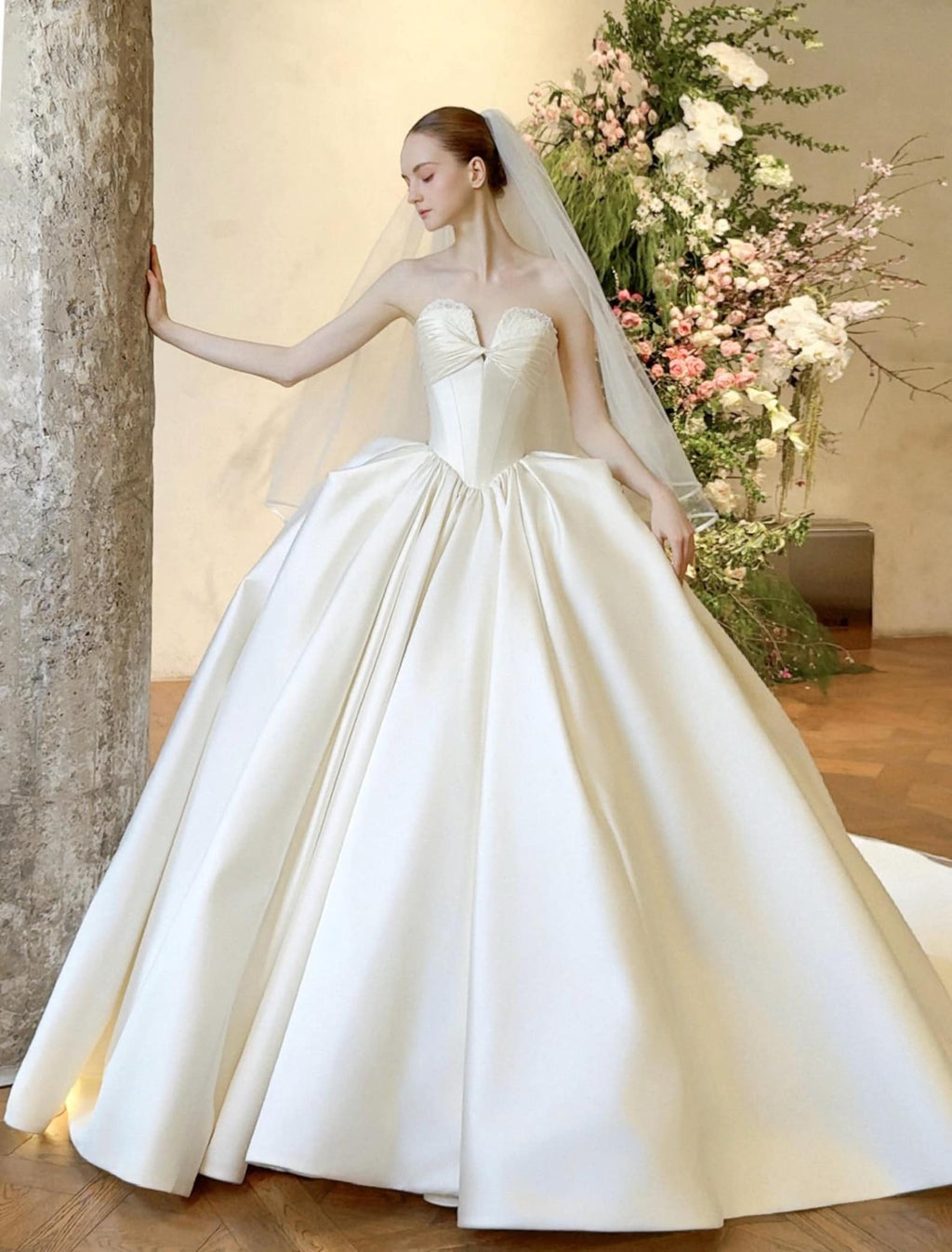 Strapless Sweetheart Ivory Satin Ball Gown Wedding Dress, Structured Boned Corset Bridal Gown With Voluminous Puffy Skirt