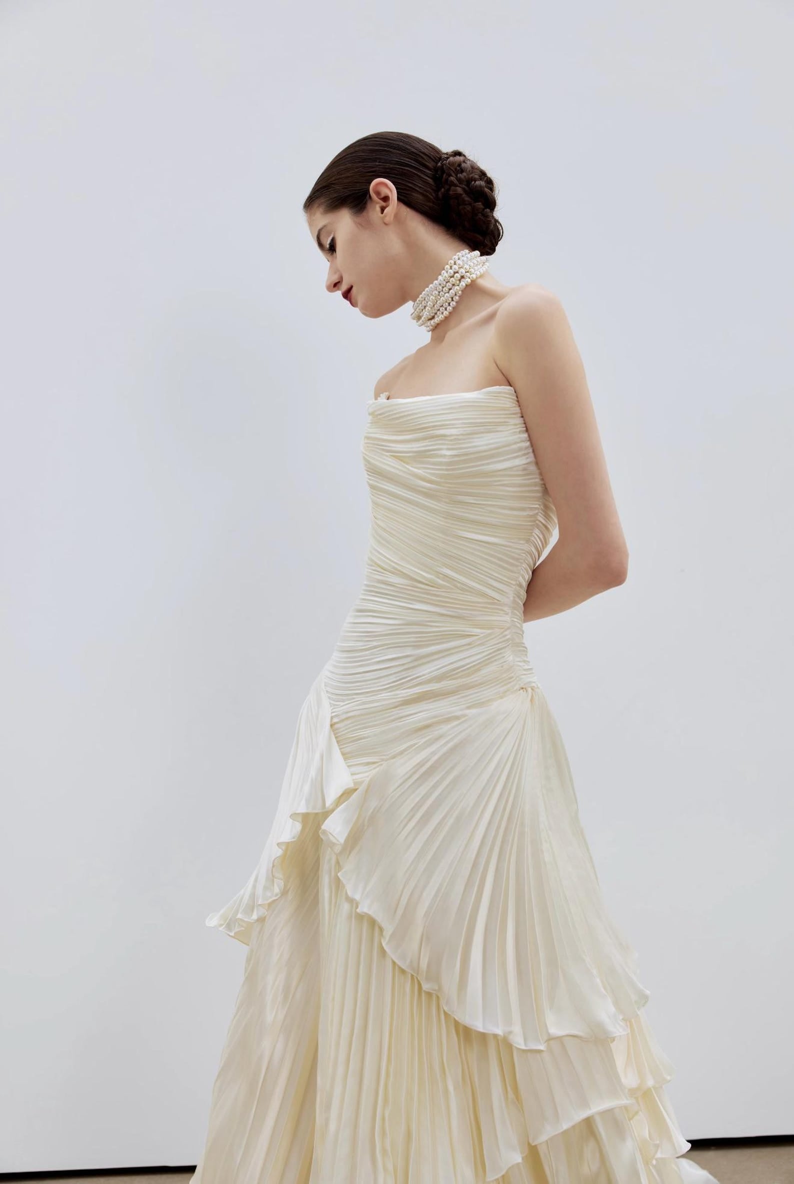 Pleated Strapless Tiered Wedding Dress, Ruffled Bridal Gown