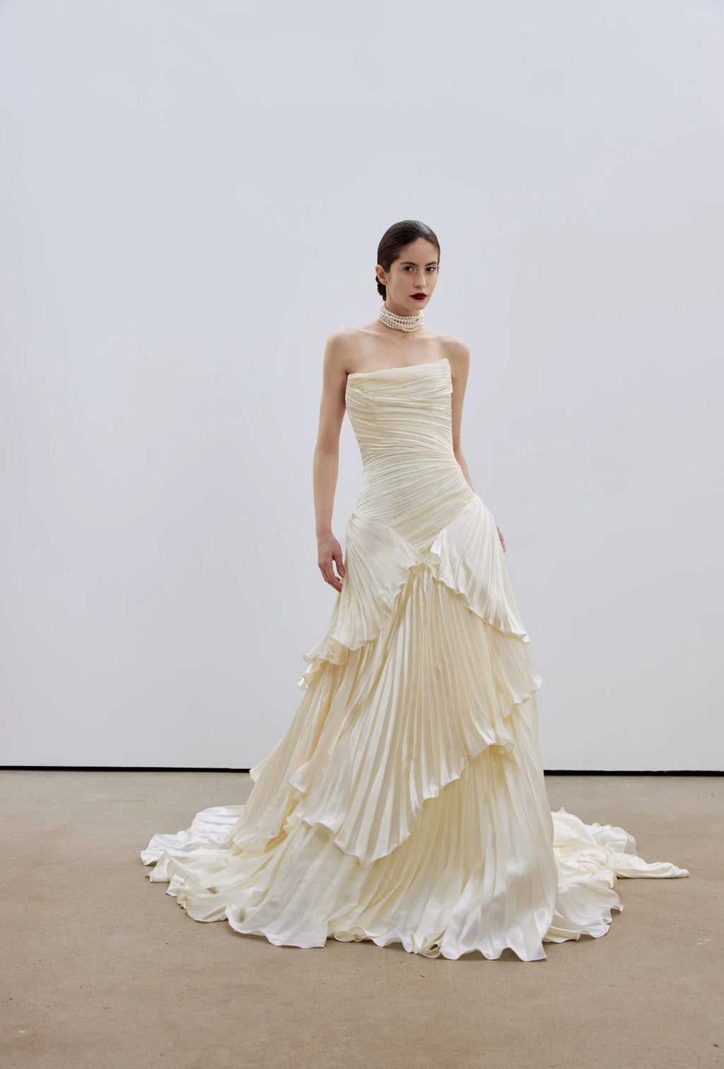 Pleated Strapless Tiered Wedding Dress, Ruffled Bridal Gown