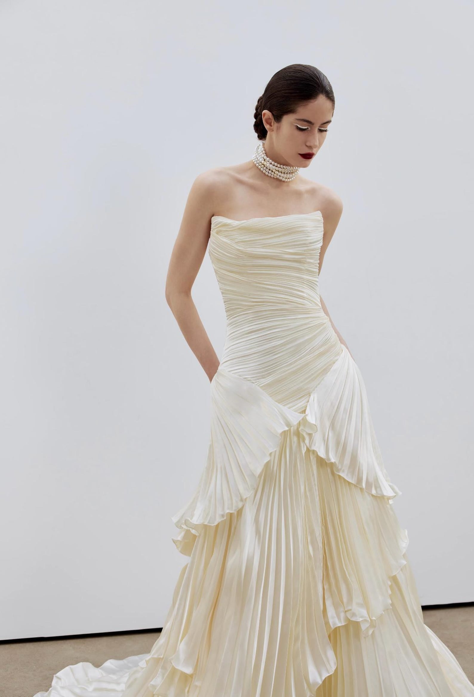Pleated Strapless Tiered Wedding Dress, Ruffled Bridal Gown