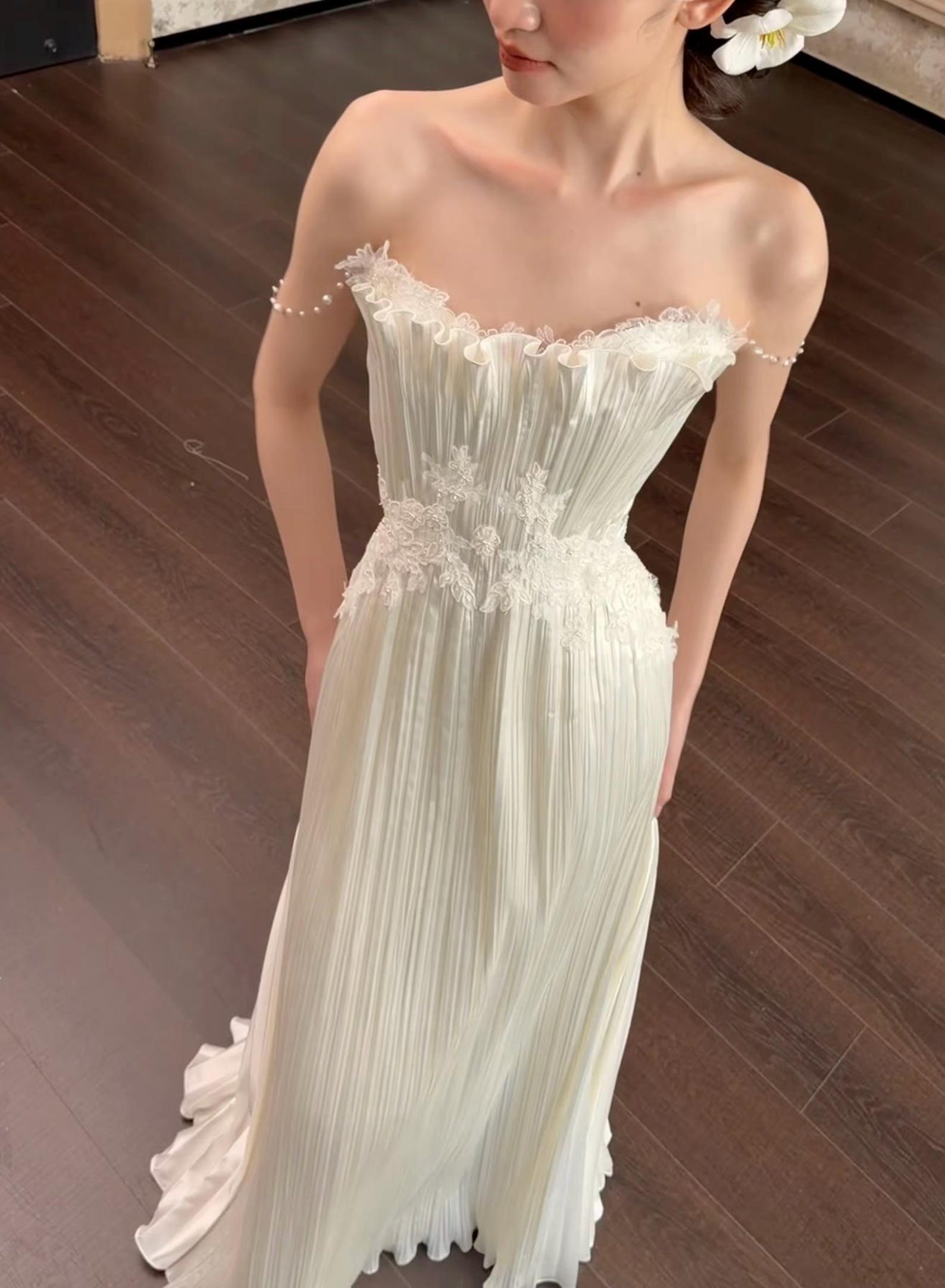French Pleated Satin Bridal Gown, Lace Waist Strapless Wedding Dress With Pearl Chain Straps