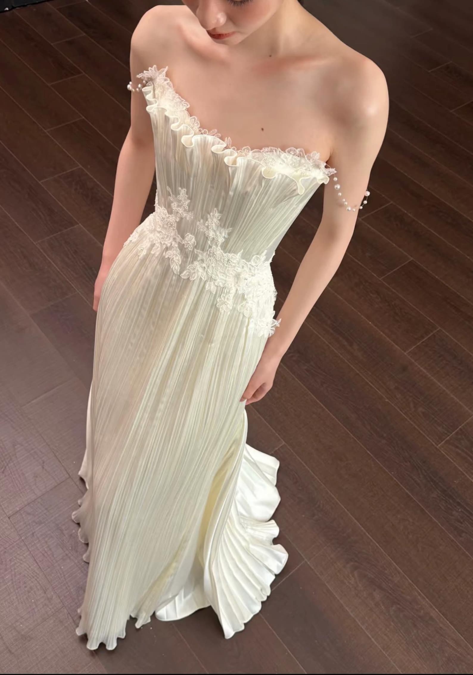 French Pleated Satin Bridal Gown, Lace Waist Strapless Wedding Dress With Pearl Chain Straps