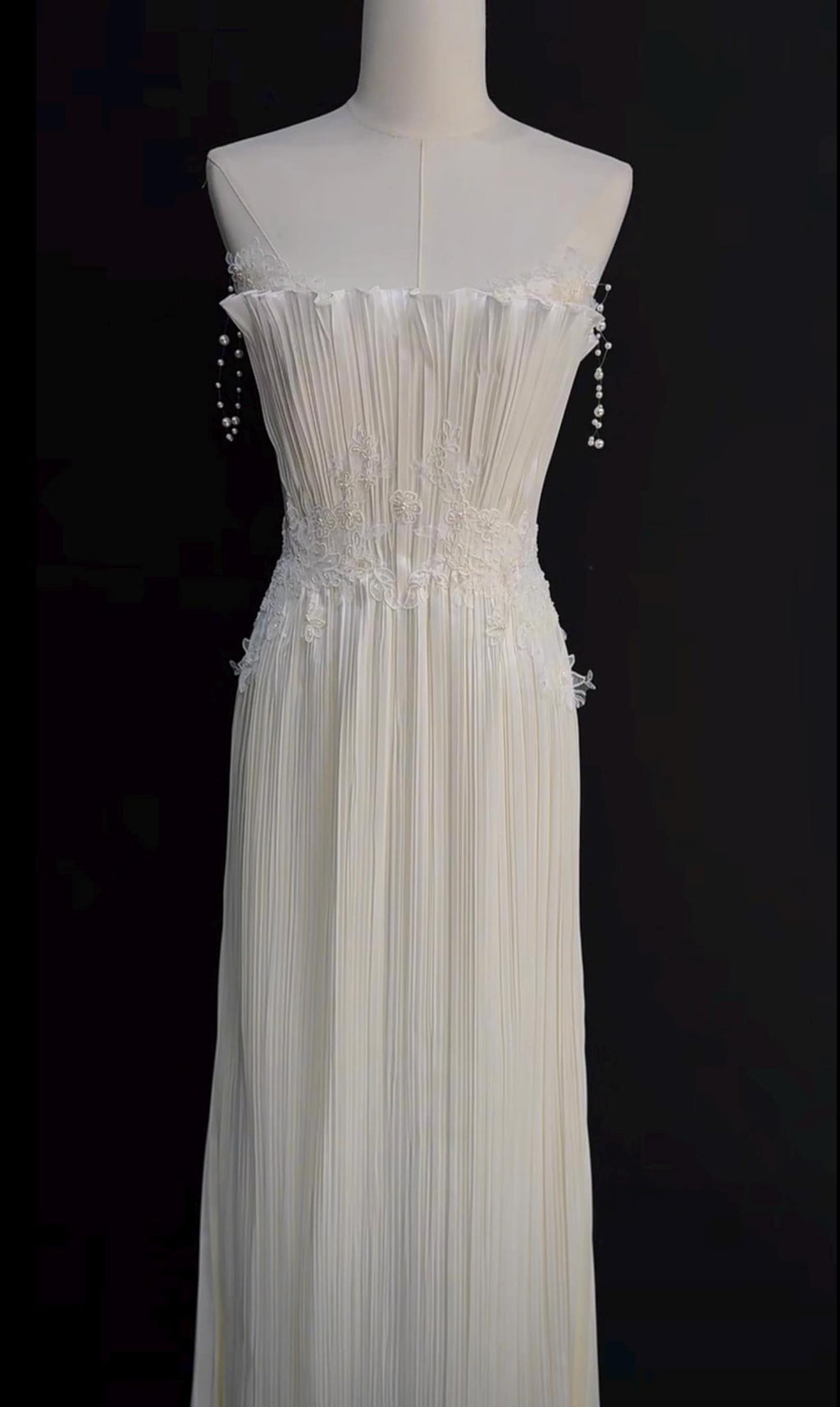 French Pleated Satin Bridal Gown, Lace Waist Strapless Wedding Dress With Pearl Chain Straps