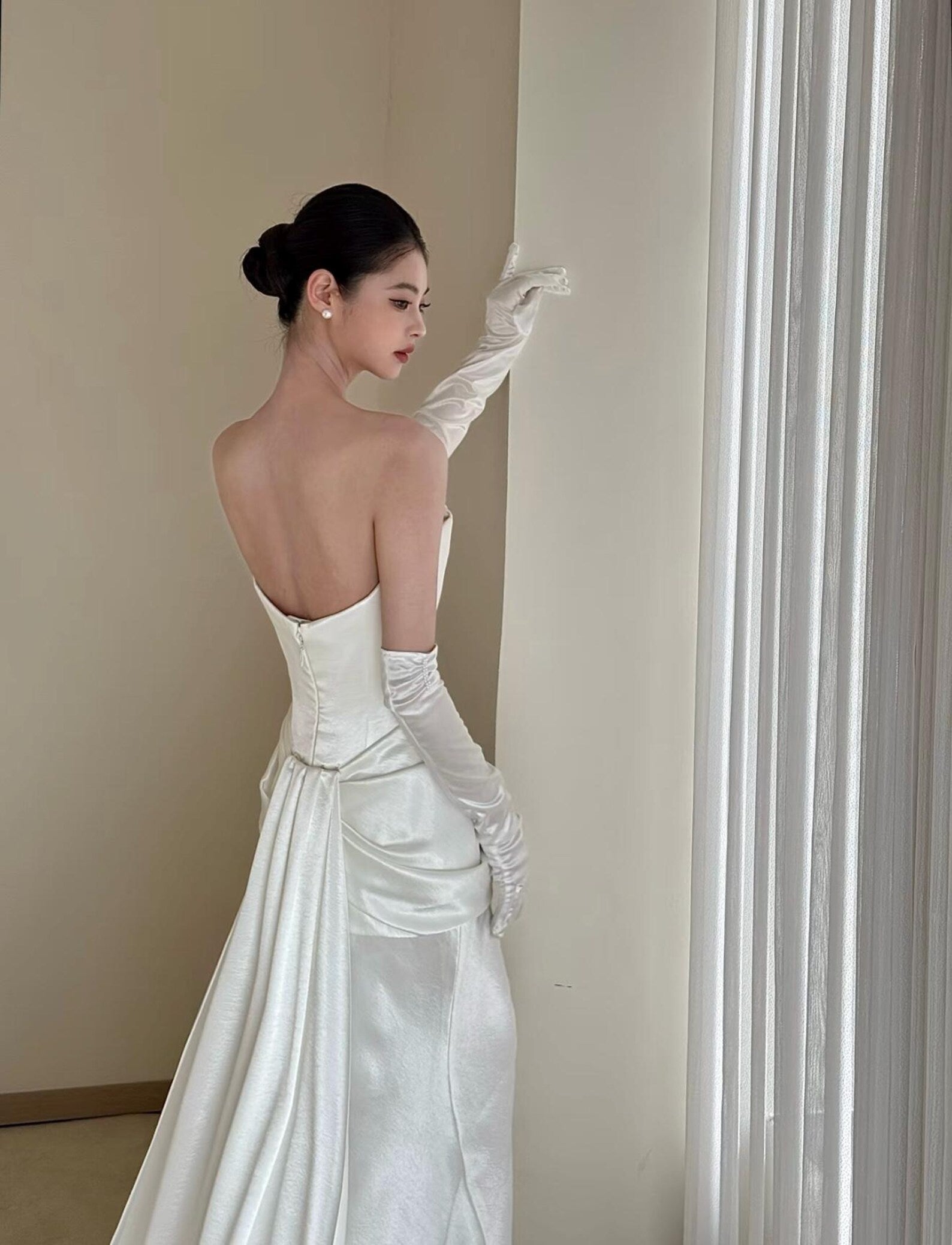 Silky Satin Mermaid Bridal Gown Draped Bodice Custom Size Wedding Dress
