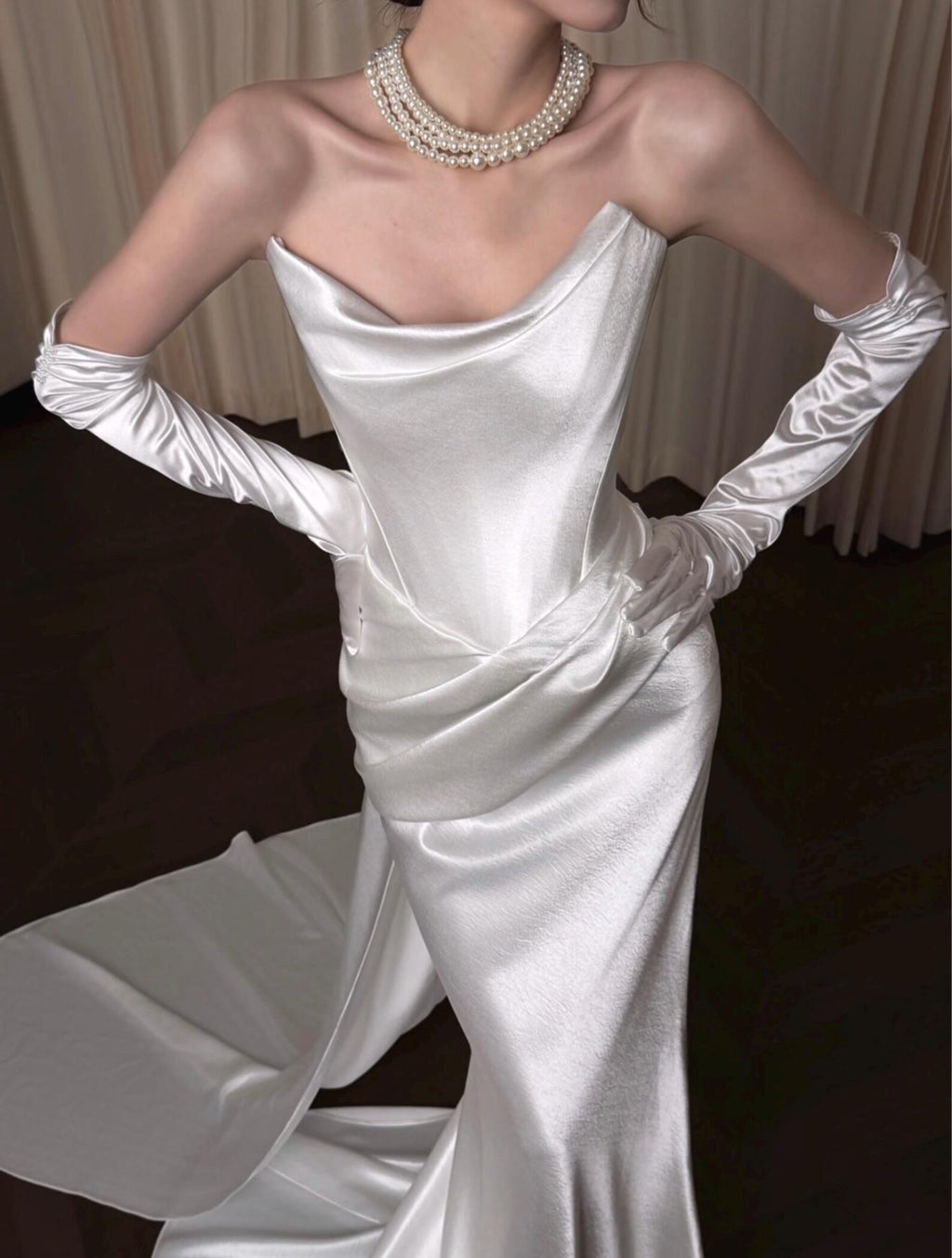 Silky Satin Mermaid Bridal Gown Draped Bodice Custom Size Wedding Dress