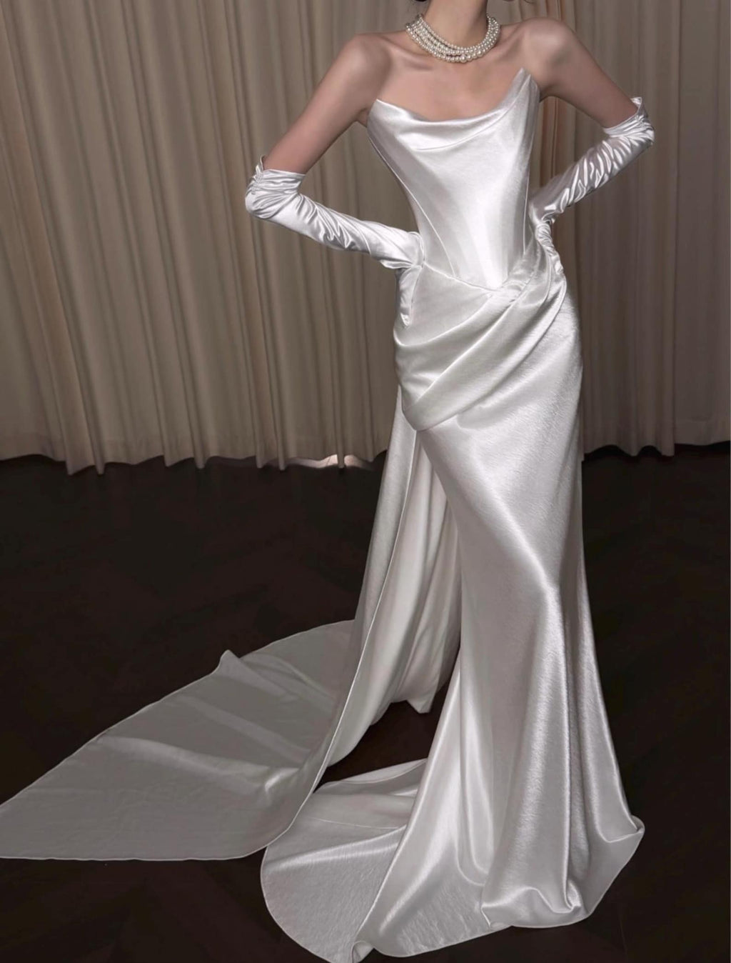 Silky Satin Mermaid Bridal Gown Draped Bodice Custom Size Wedding Dress