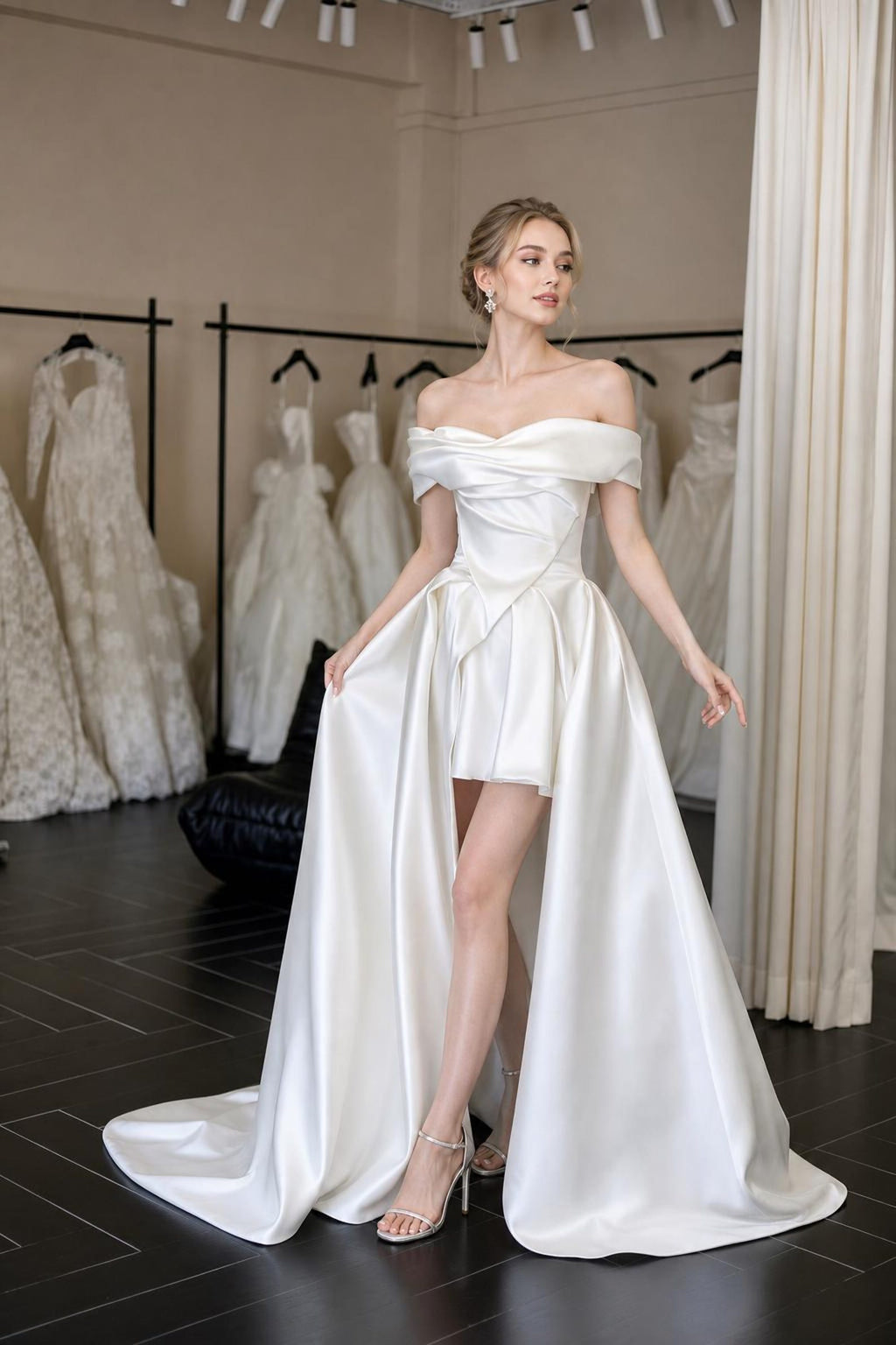 Off Shoulder Satin Wedding Dress High Slit Long Train Bridal Gown