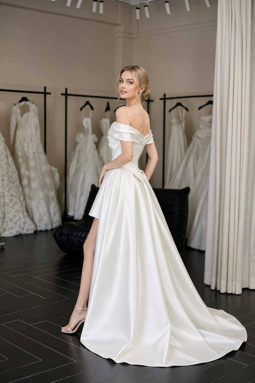 Off Shoulder Satin Wedding Dress High Slit Long Train Bridal Gown