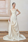 Vintage Ivory Satin Wedding Gown Draped Front Train Bride Dress
