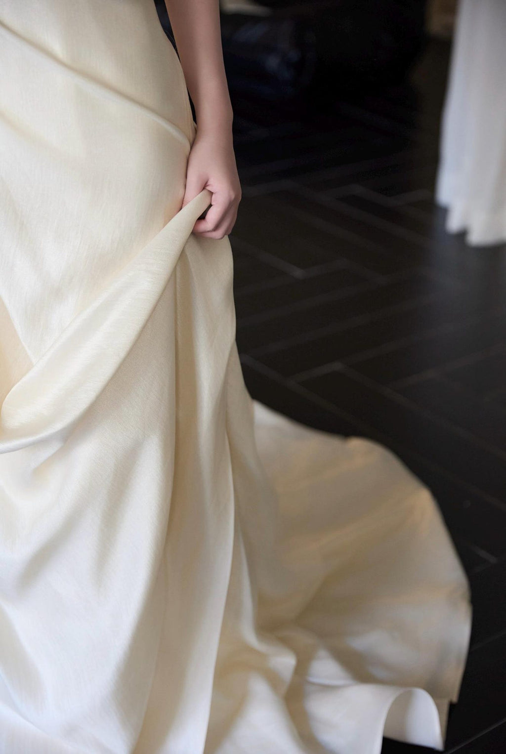 Vintage Ivory Satin Wedding Gown Draped Front Train Bride Dress