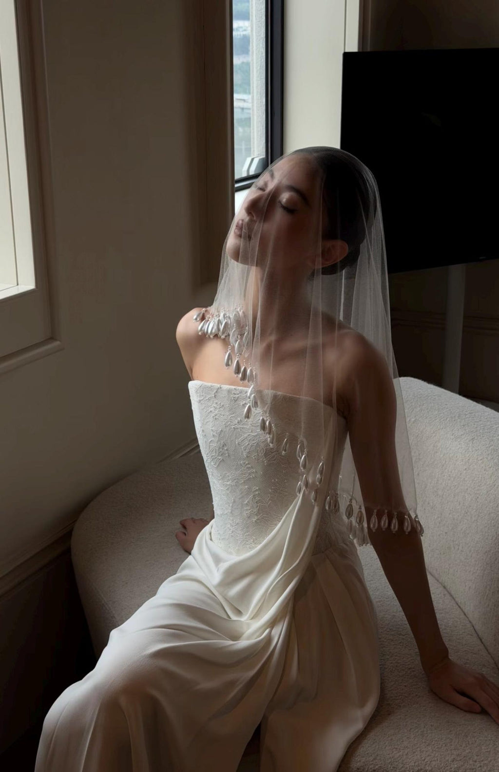 Handmade Teardrop Pearl Trim Blusher Wedding Veil