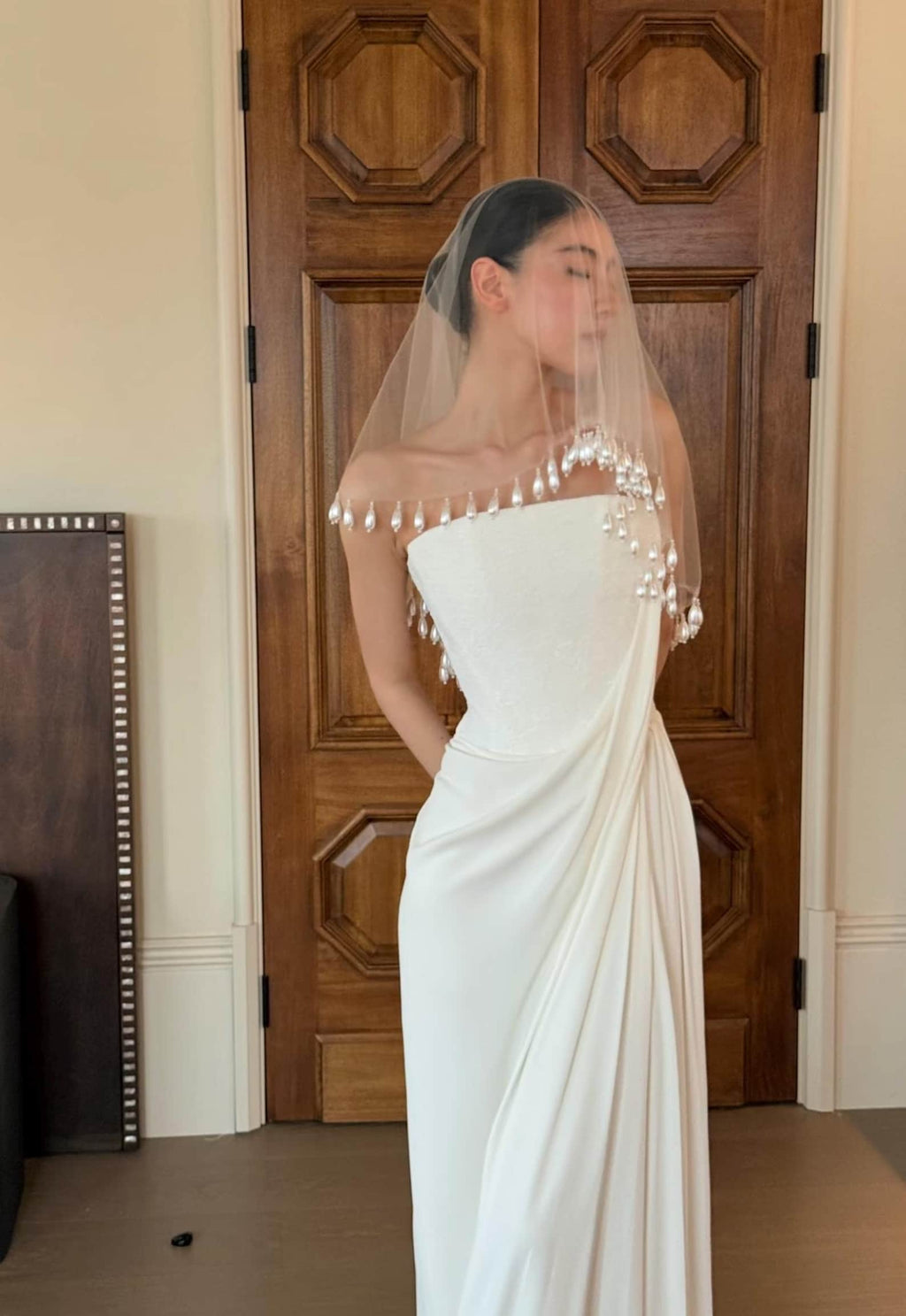 Handmade Teardrop Pearl Trim Blusher Wedding Veil