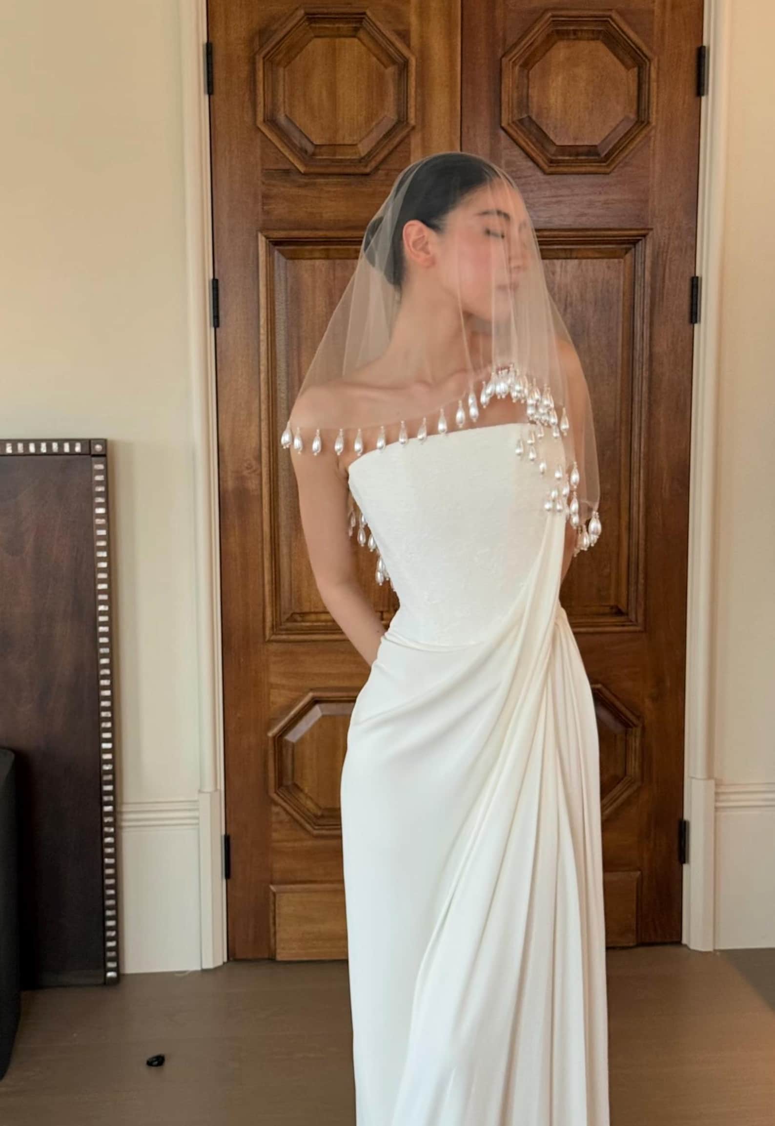 Handmade Teardrop Pearl Trim Blusher Wedding Veil