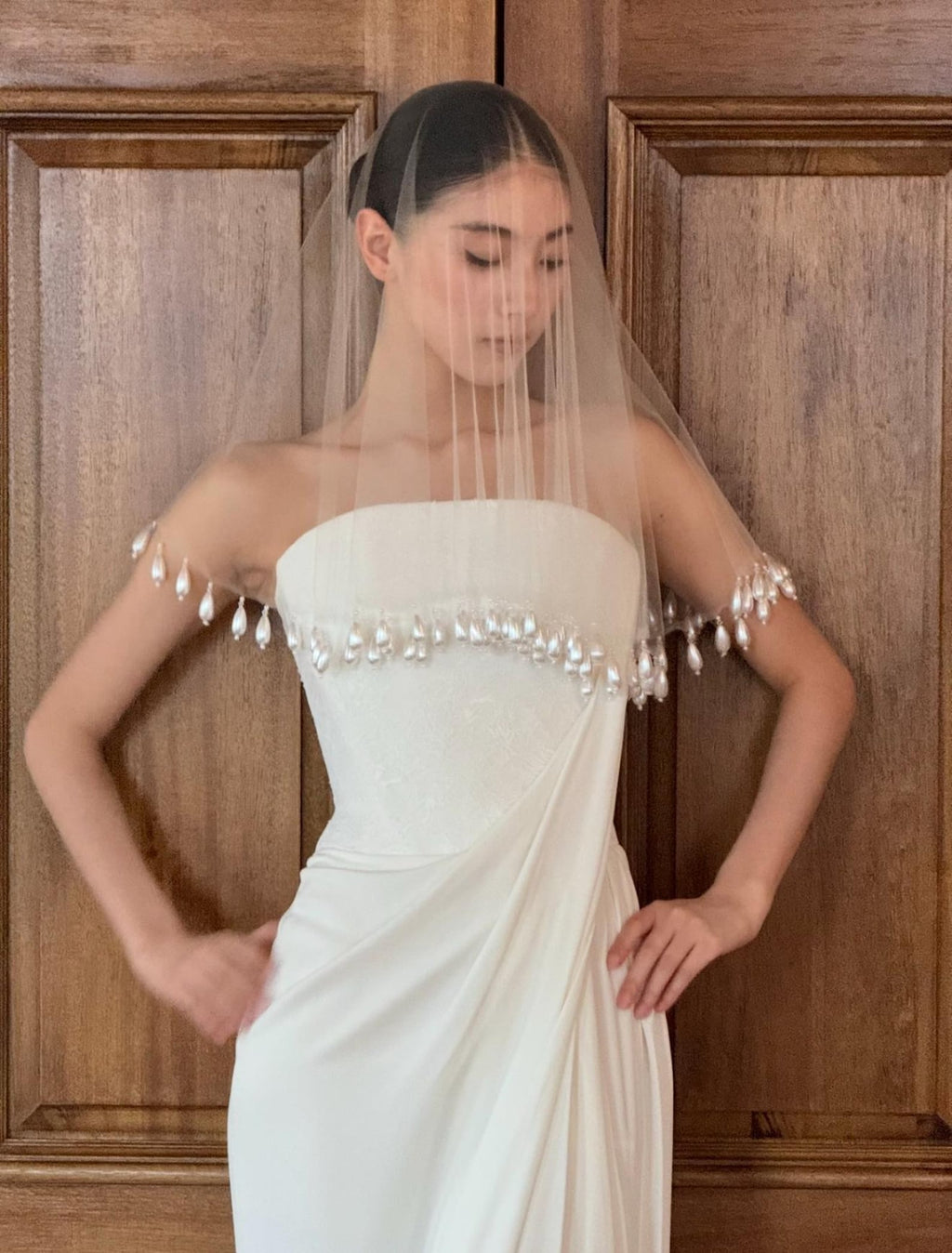 Handmade Teardrop Pearl Trim Blusher Wedding Veil