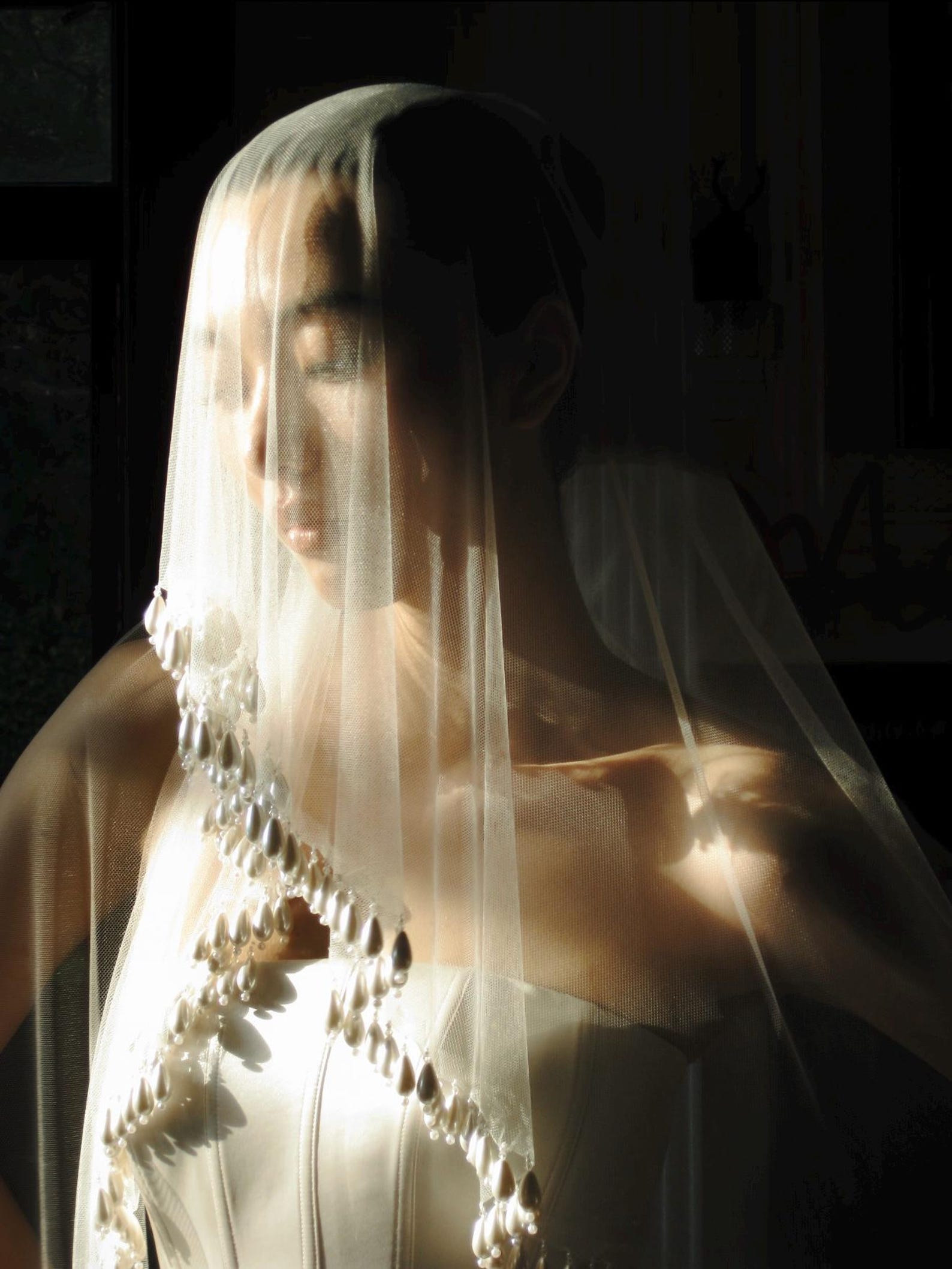Handmade Teardrop Pearl Trim Blusher Wedding Veil