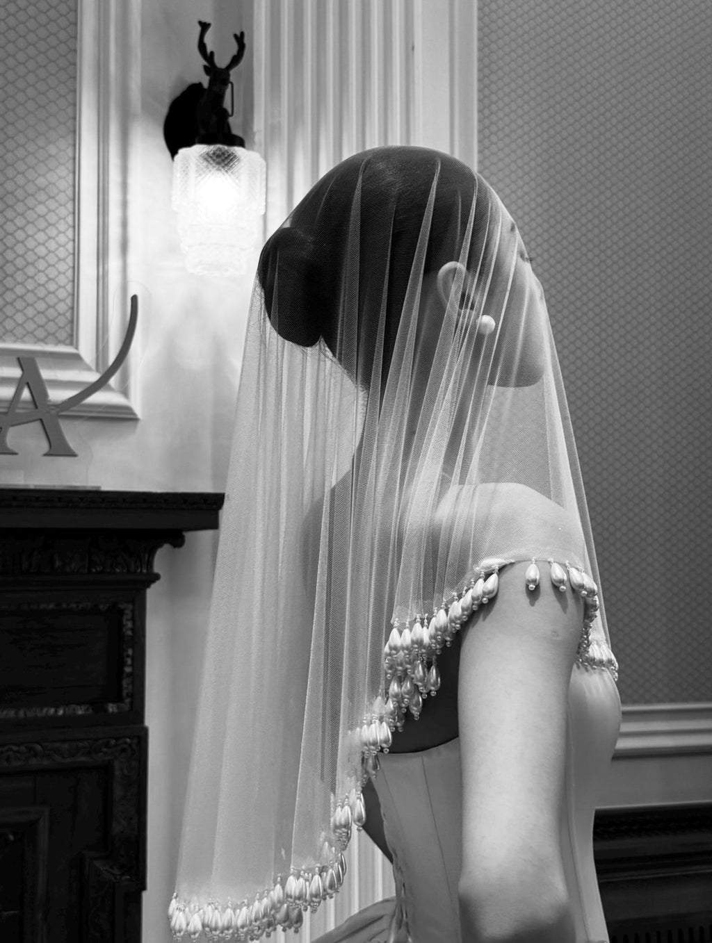 Handmade Teardrop Pearl Trim Blusher Wedding Veil