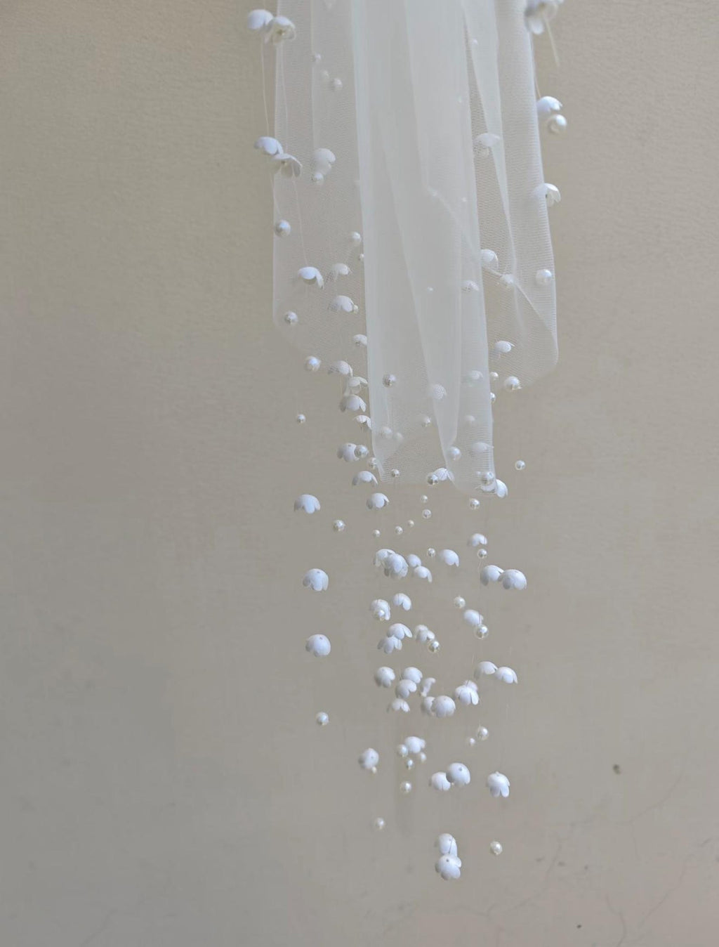 Lily of the Valley Cascading Pearl Bridal Veil, Single Tier Soft Tulle Wedding Veil with Hanging Floral Pearl Fringe