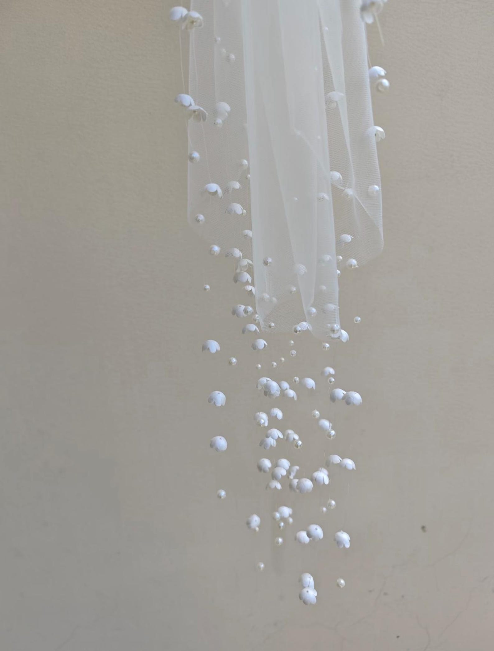Lily of the Valley Cascading Pearl Bridal Veil, Single Tier Soft Tulle Wedding Veil with Hanging Floral Pearl Fringe