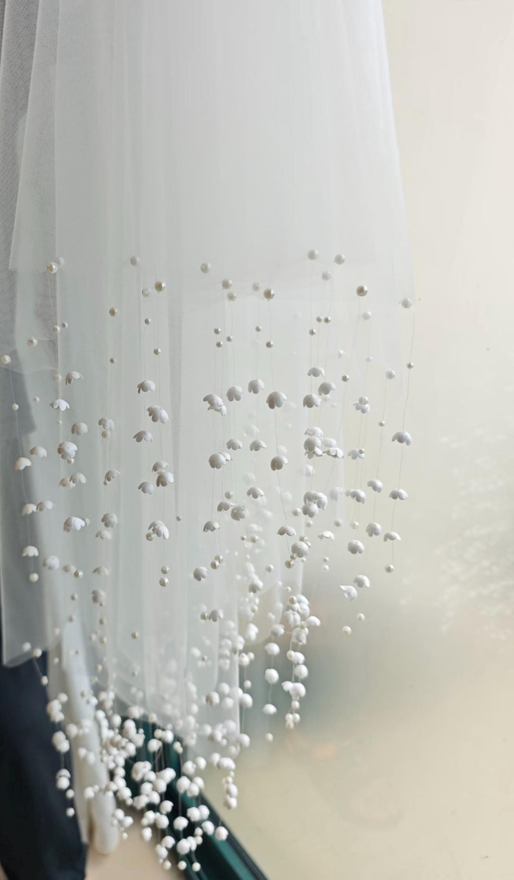 Lily of the Valley Cascading Pearl Bridal Veil, Single Tier Soft Tulle Wedding Veil with Hanging Floral Pearl Fringe
