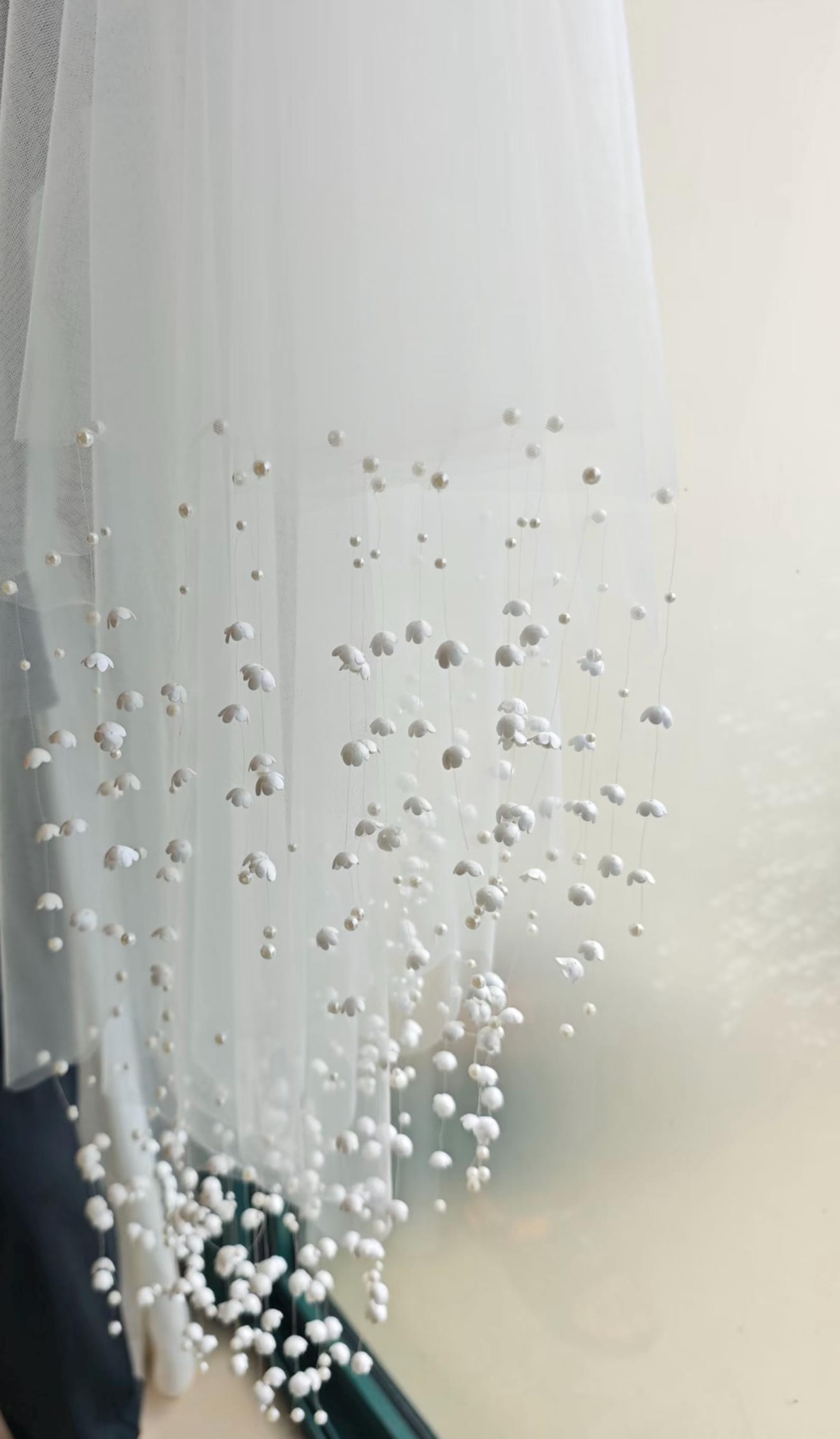 Lily of the Valley Cascading Pearl Bridal Veil, Single Tier Soft Tulle Wedding Veil with Hanging Floral Pearl Fringe
