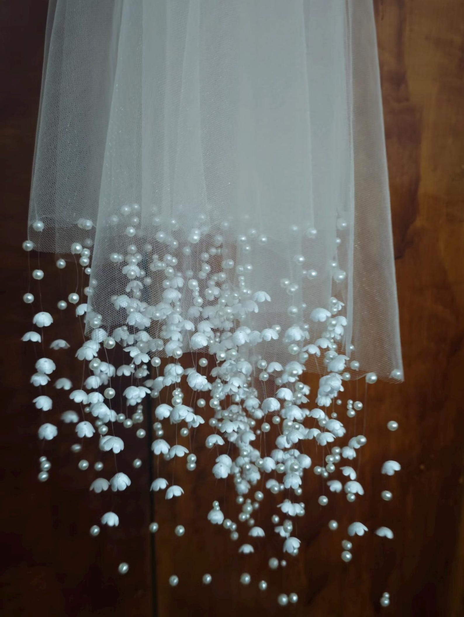 Lily of the Valley Cascading Pearl Bridal Veil, Single Tier Soft Tulle Wedding Veil with Hanging Floral Pearl Fringe
