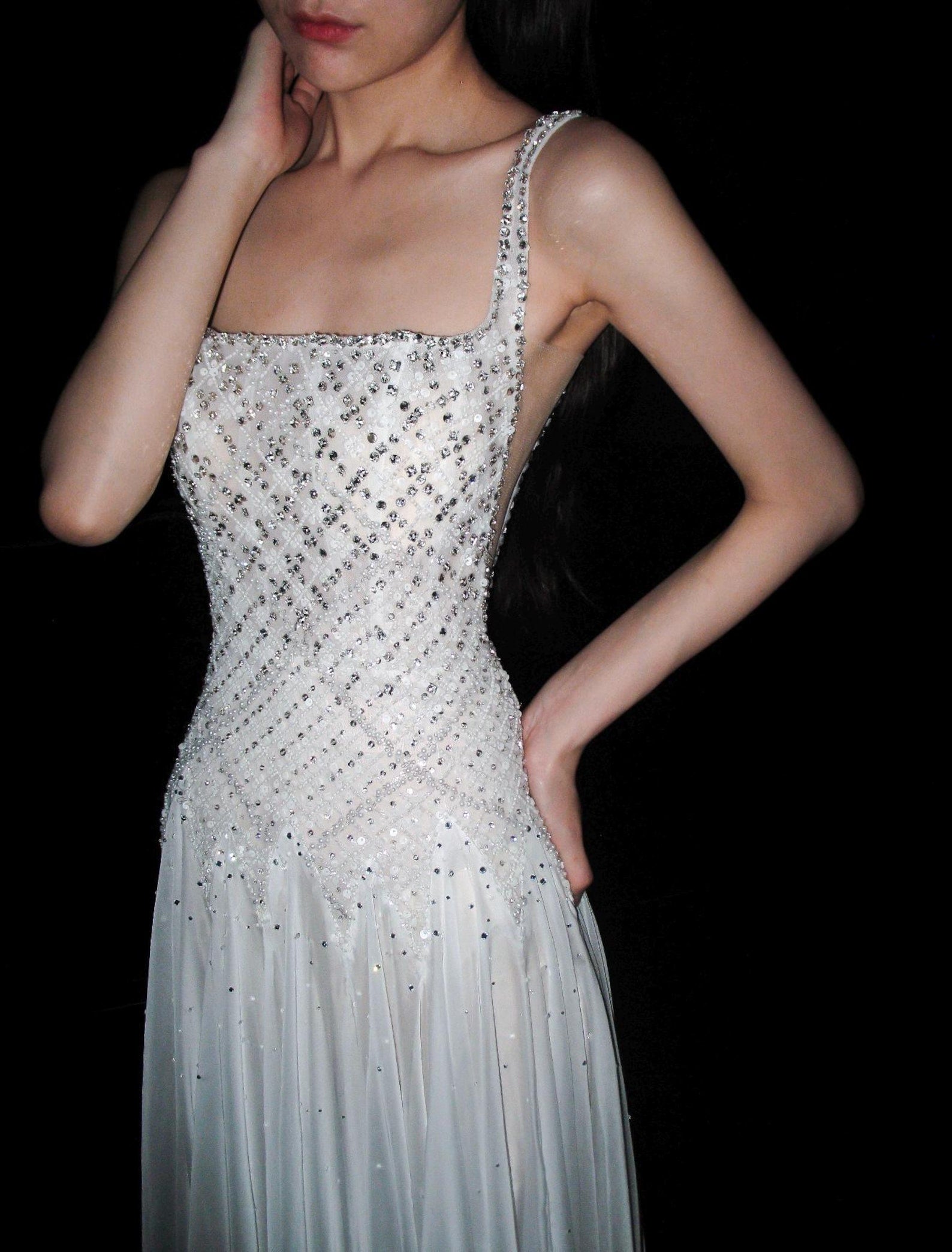 Hand Embellished Diamond Mesh Bodice Wedding Dress, Sleeveless Thin Strap Chiffon Bridal Gown, A Line Flowy Wedding Dress