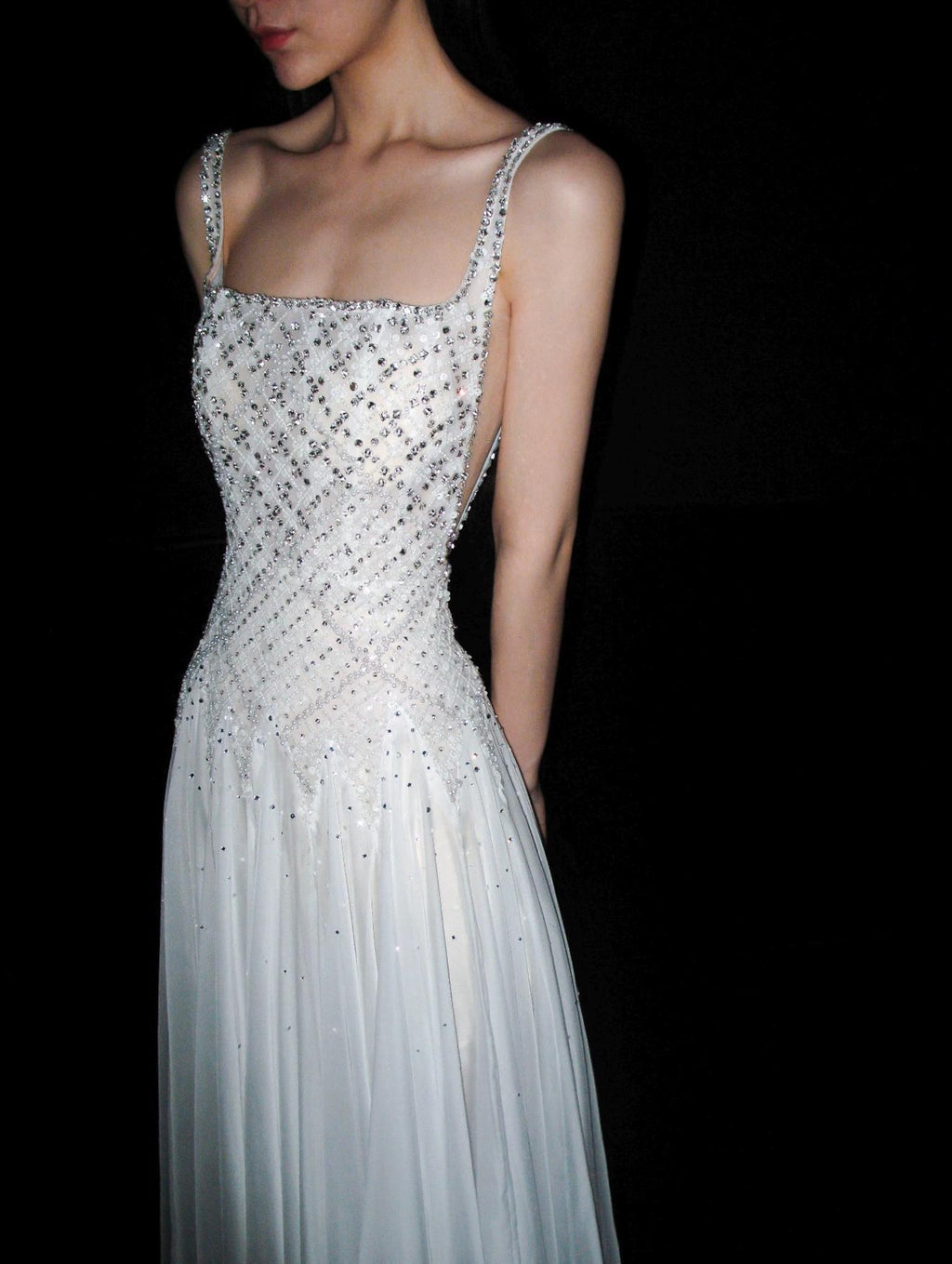 Hand Embellished Diamond Mesh Bodice Wedding Dress, Sleeveless Thin Strap Chiffon Bridal Gown, A Line Flowy Wedding Dress