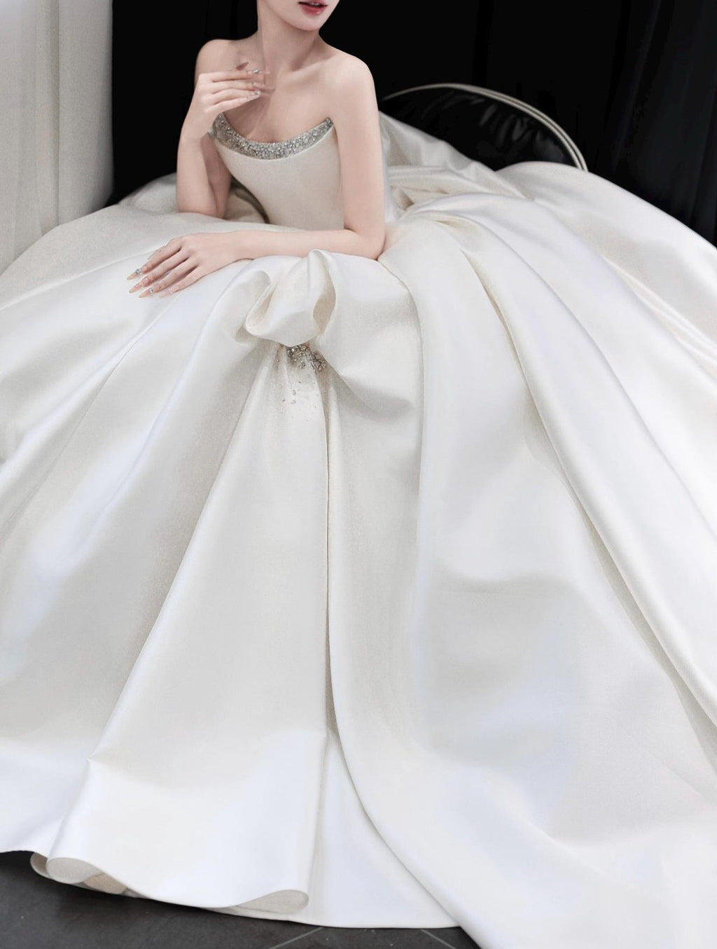 Strapless luxury mikado satin ball gown, crystal neck trim & oversized beaded bow, dreamy princess bridal dress for formal weddings.