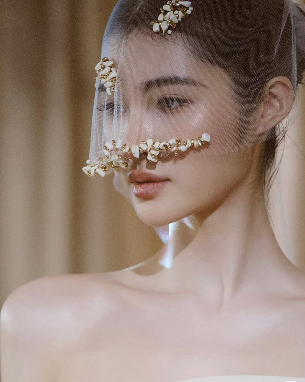 Fully Hand Sewn Shell Stone Short Tulle Veil, Unique Handcrafted Wedding Blusher Veil
