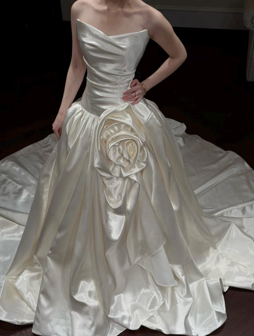 Strapless Draped Satin Wedding Dress, Handmade 3D Rose Ball Gown Bridal Gown With Train