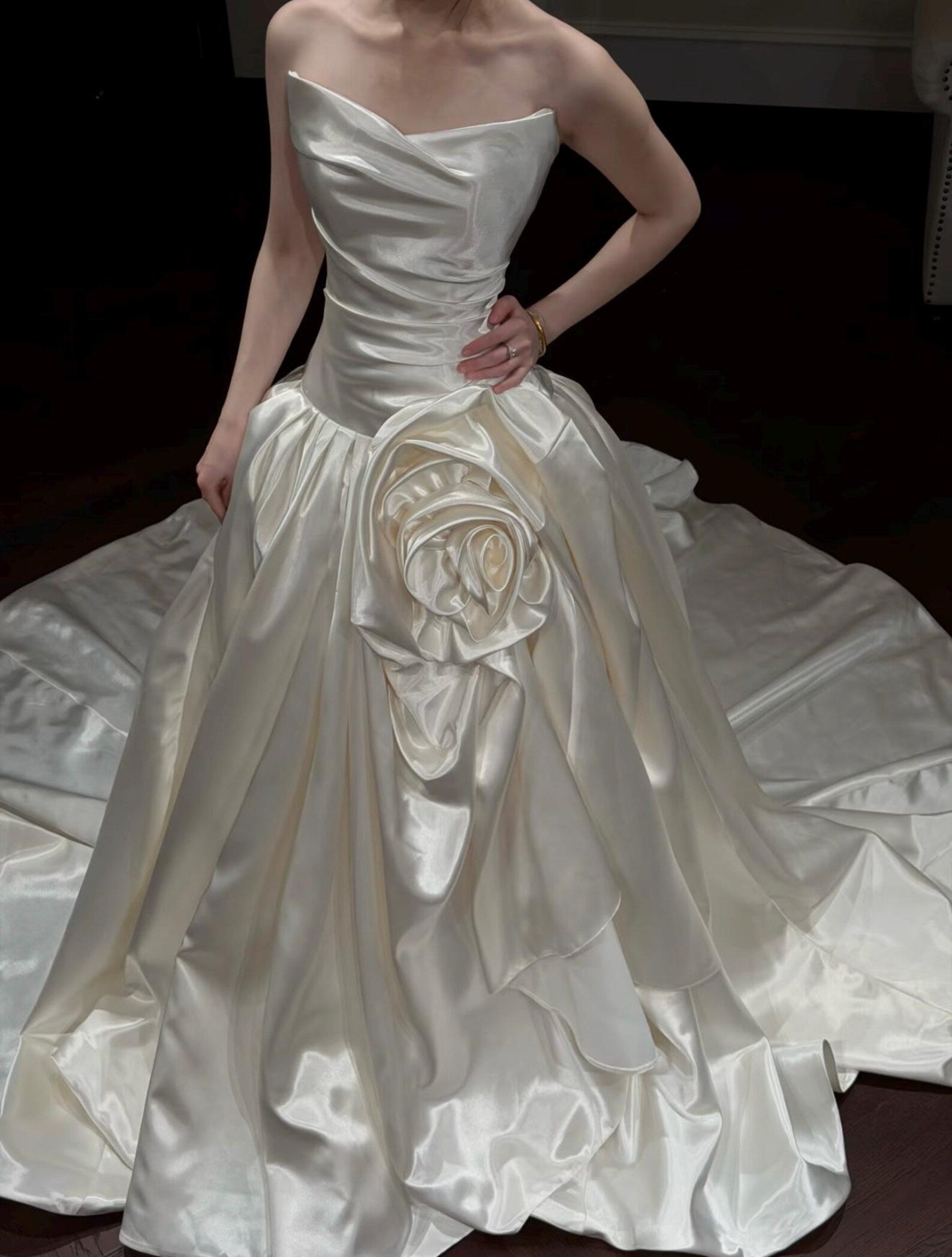 Strapless Draped Satin Wedding Dress, Handmade 3D Rose Ball Gown Bridal Gown With Train