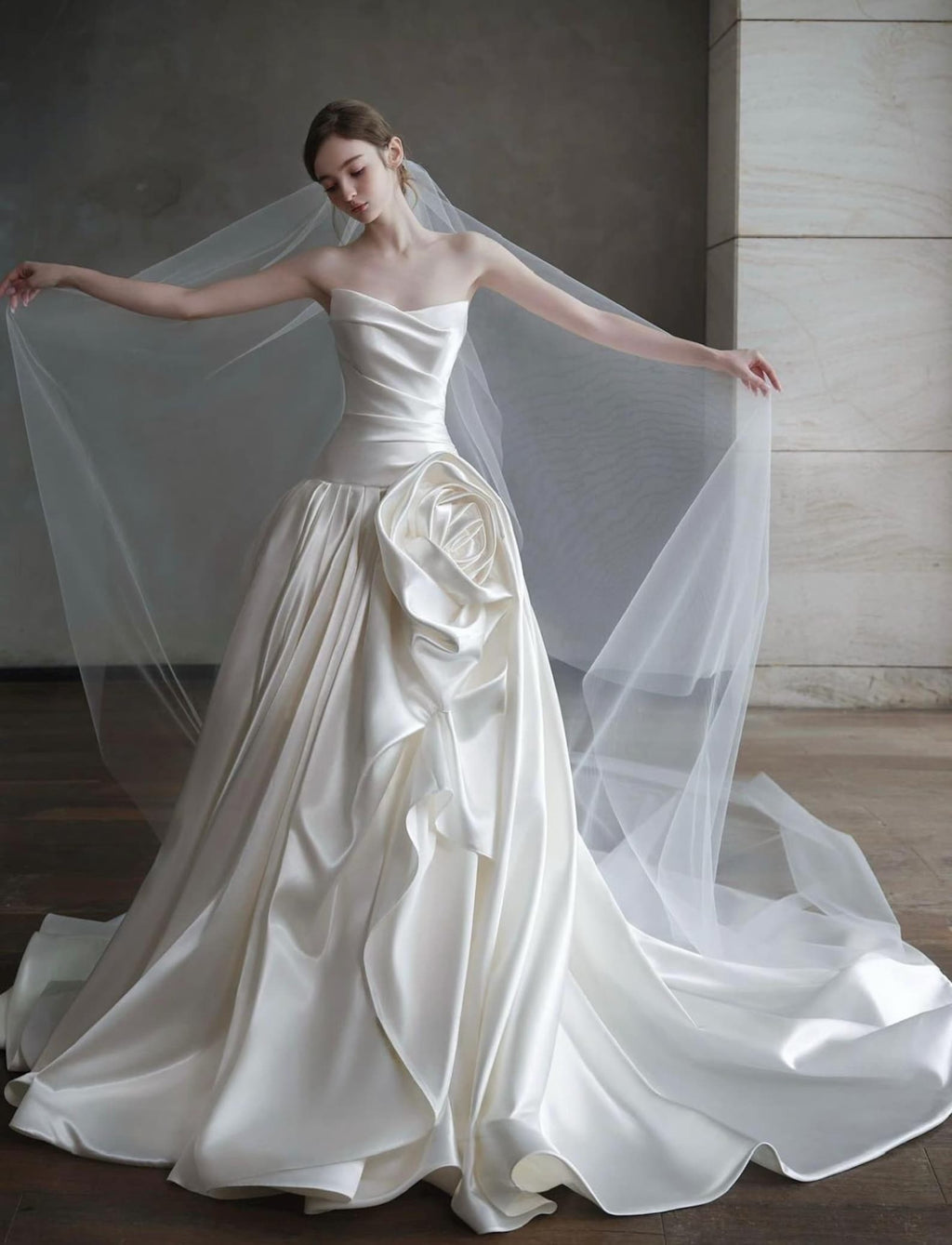Strapless Draped Satin Wedding Dress, Handmade 3D Rose Ball Gown Bridal Gown With Train