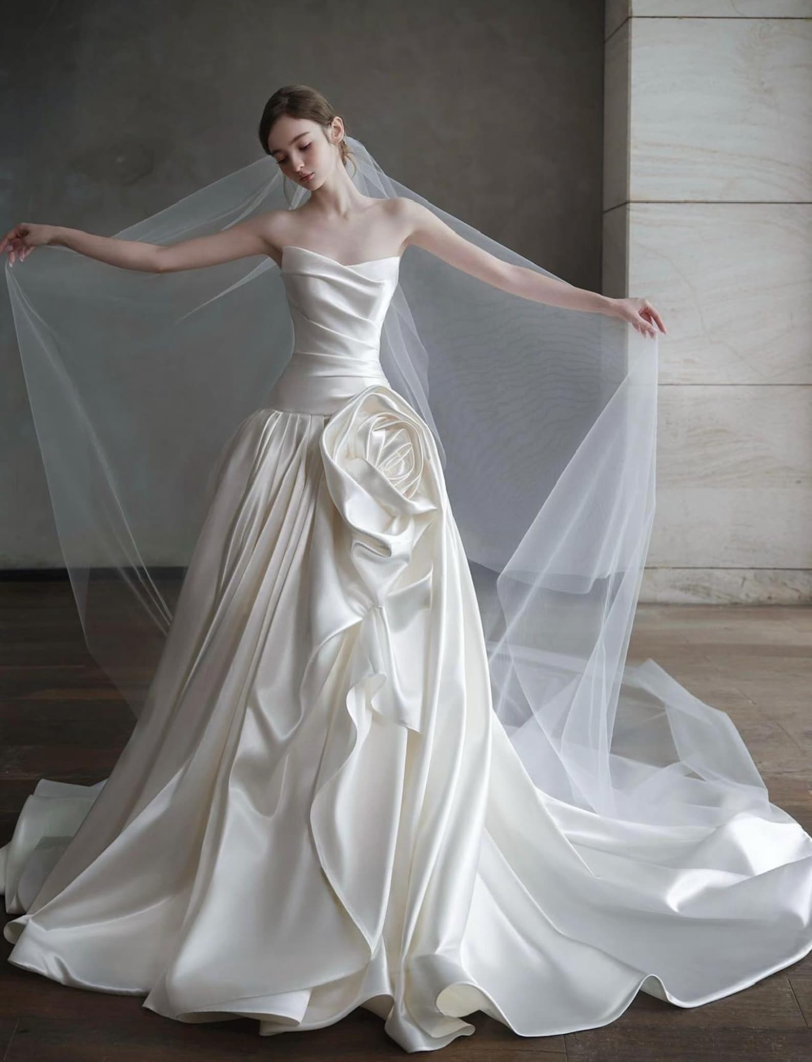Strapless Draped Satin Wedding Dress, Handmade 3D Rose Ball Gown Bridal Gown With Train