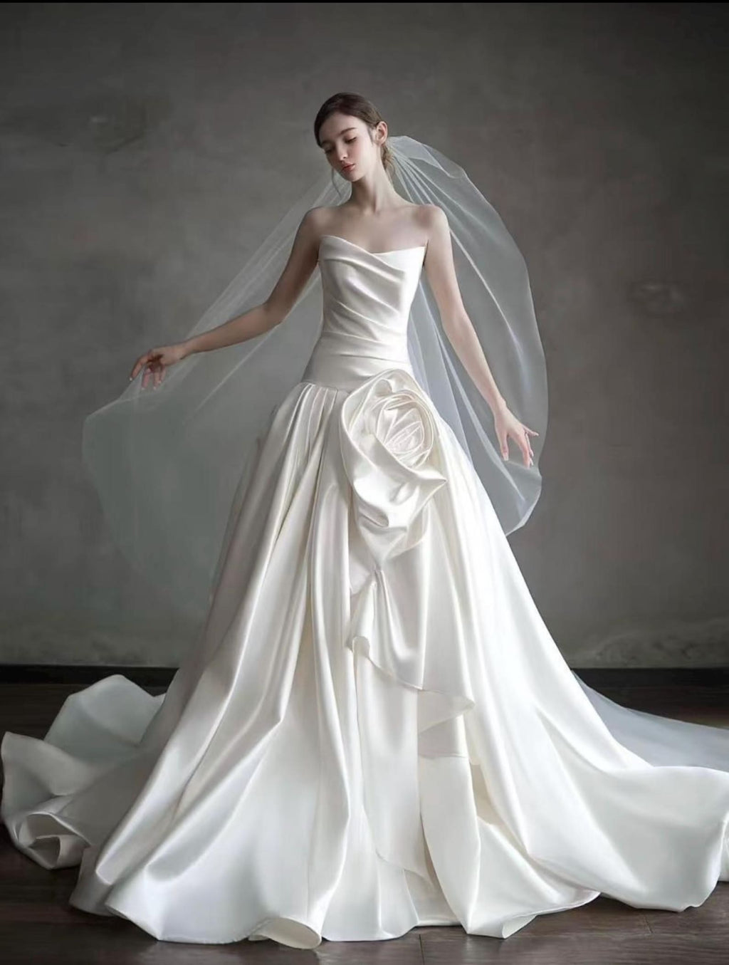 Strapless Draped Satin Wedding Dress, Handmade 3D Rose Ball Gown Bridal Gown With Train